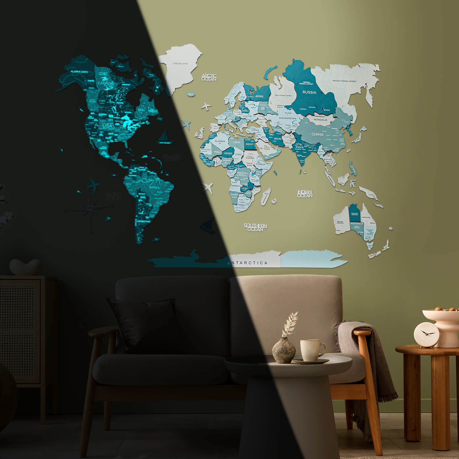 Farbige 3d Weltkarte aus Holz