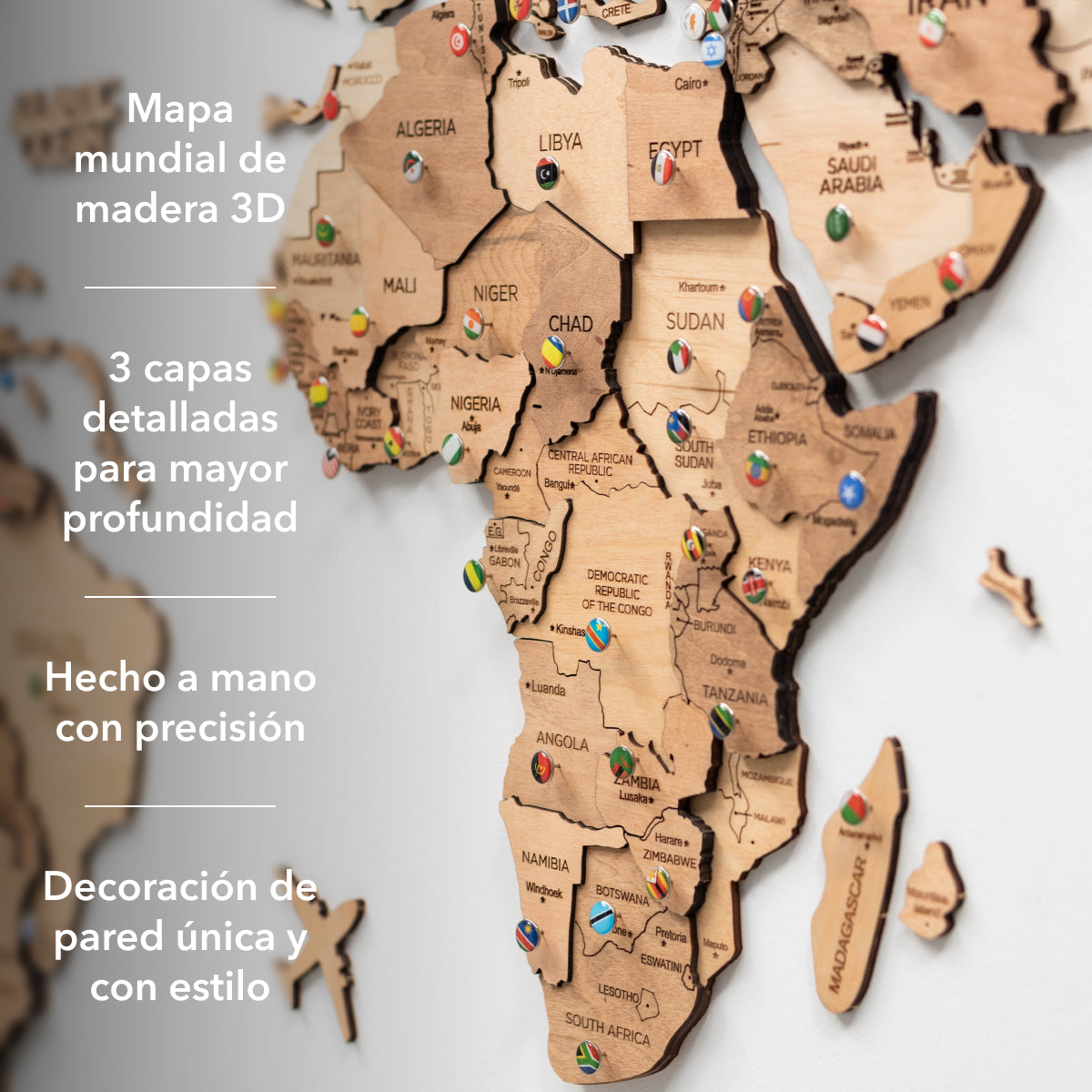 Mapamundi 3D de Madera Claro