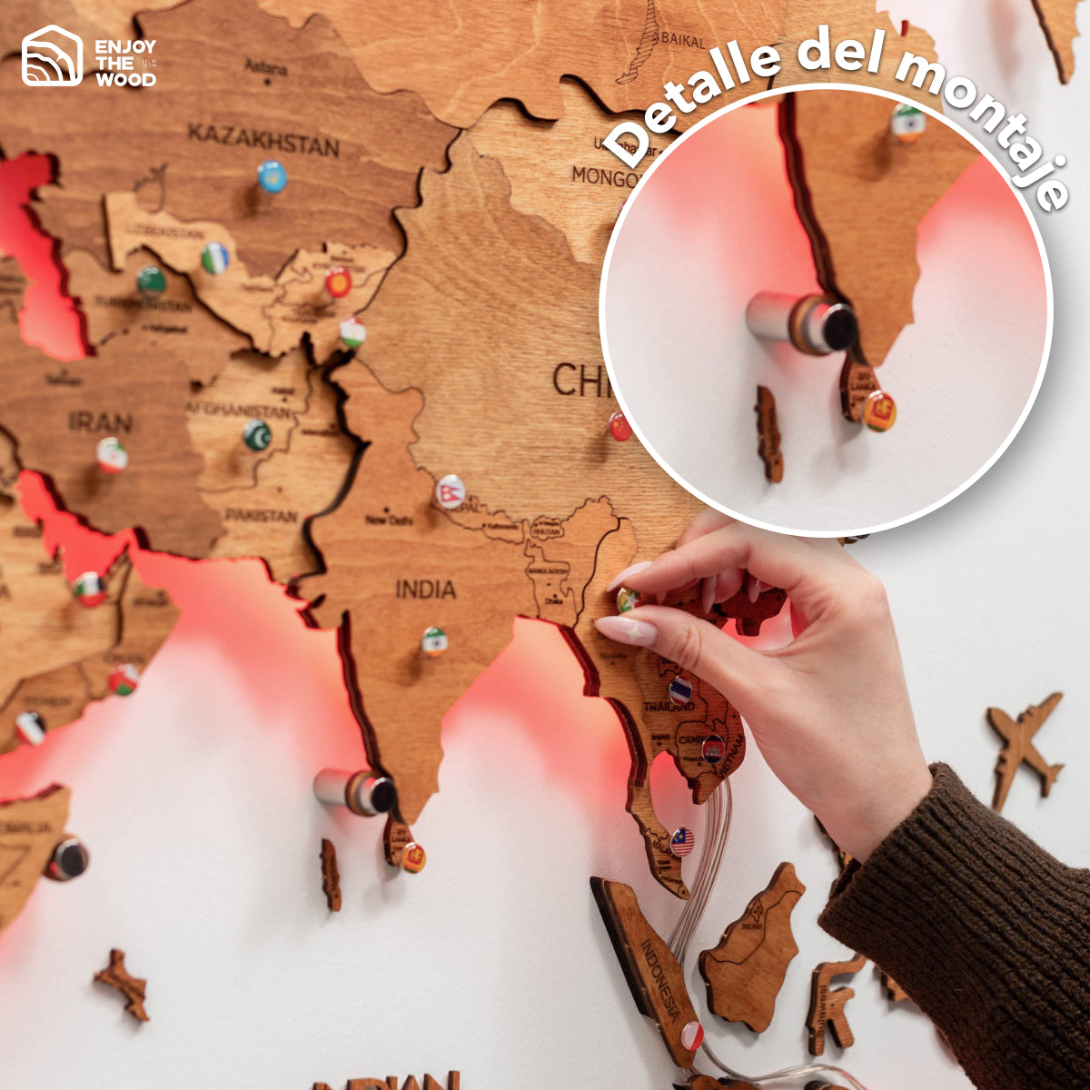 Mapamundi 3D de Madera LED 3.0 Roble Natural