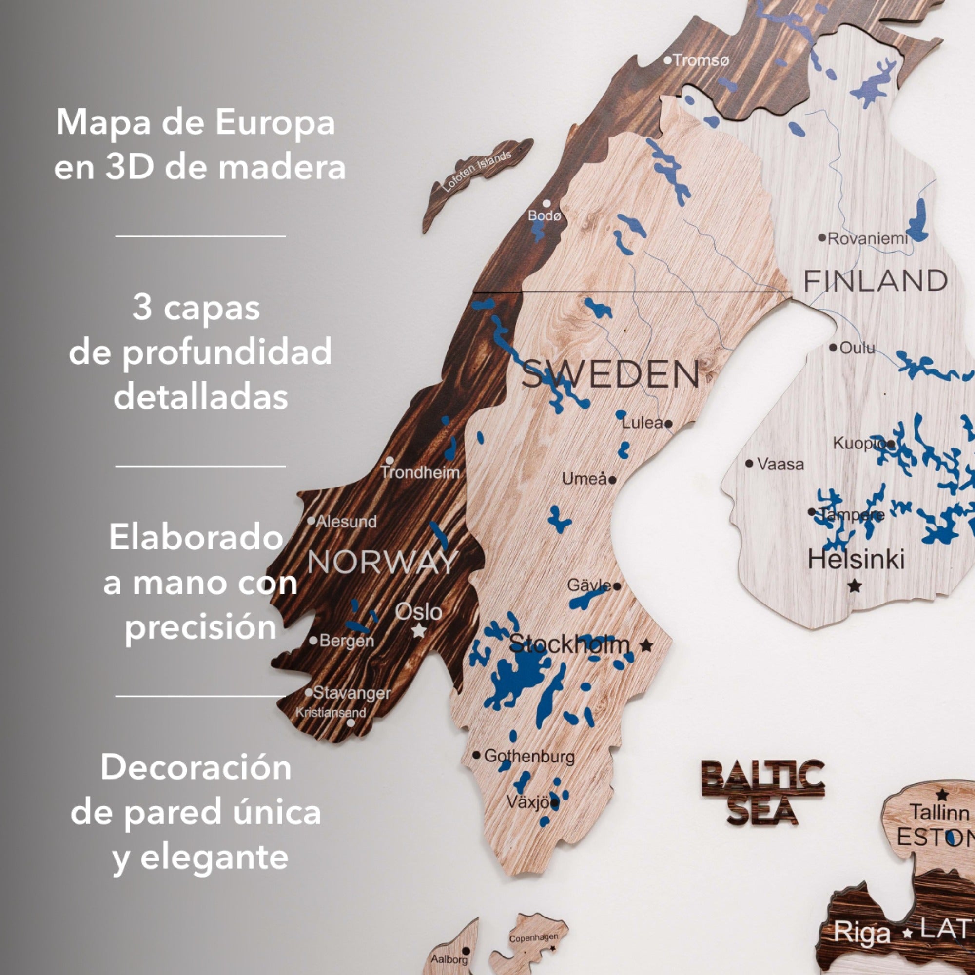 Mapa de Europa 3D de Madera Cappuccino