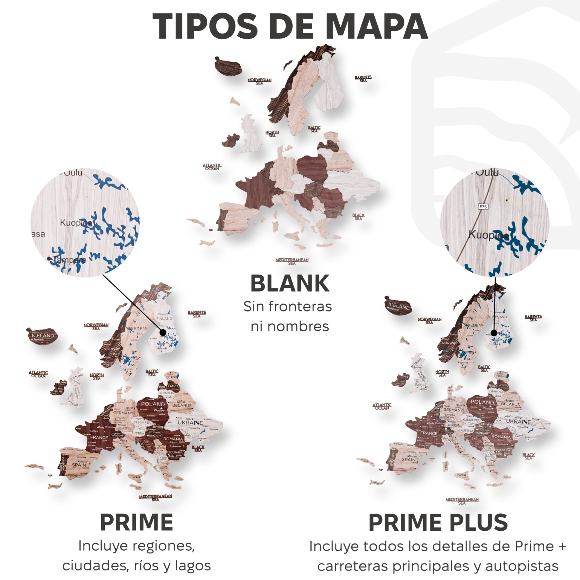 Mapa de Europa 3D de Madera Cappuccino
