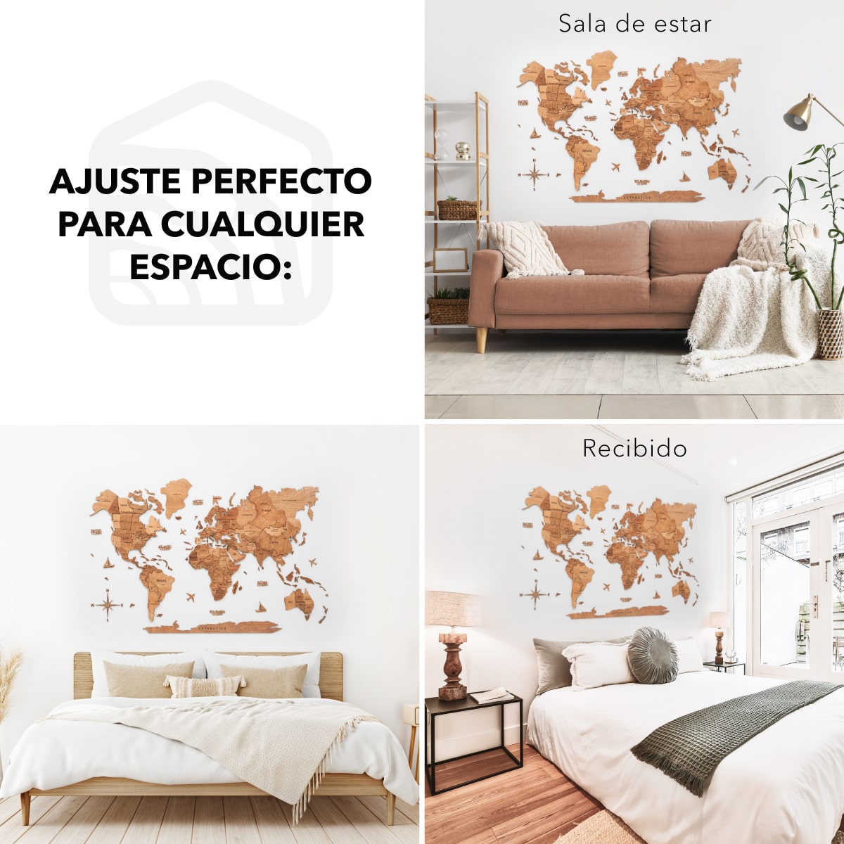 Mapamundi 3D de Madera Color Roble Natural