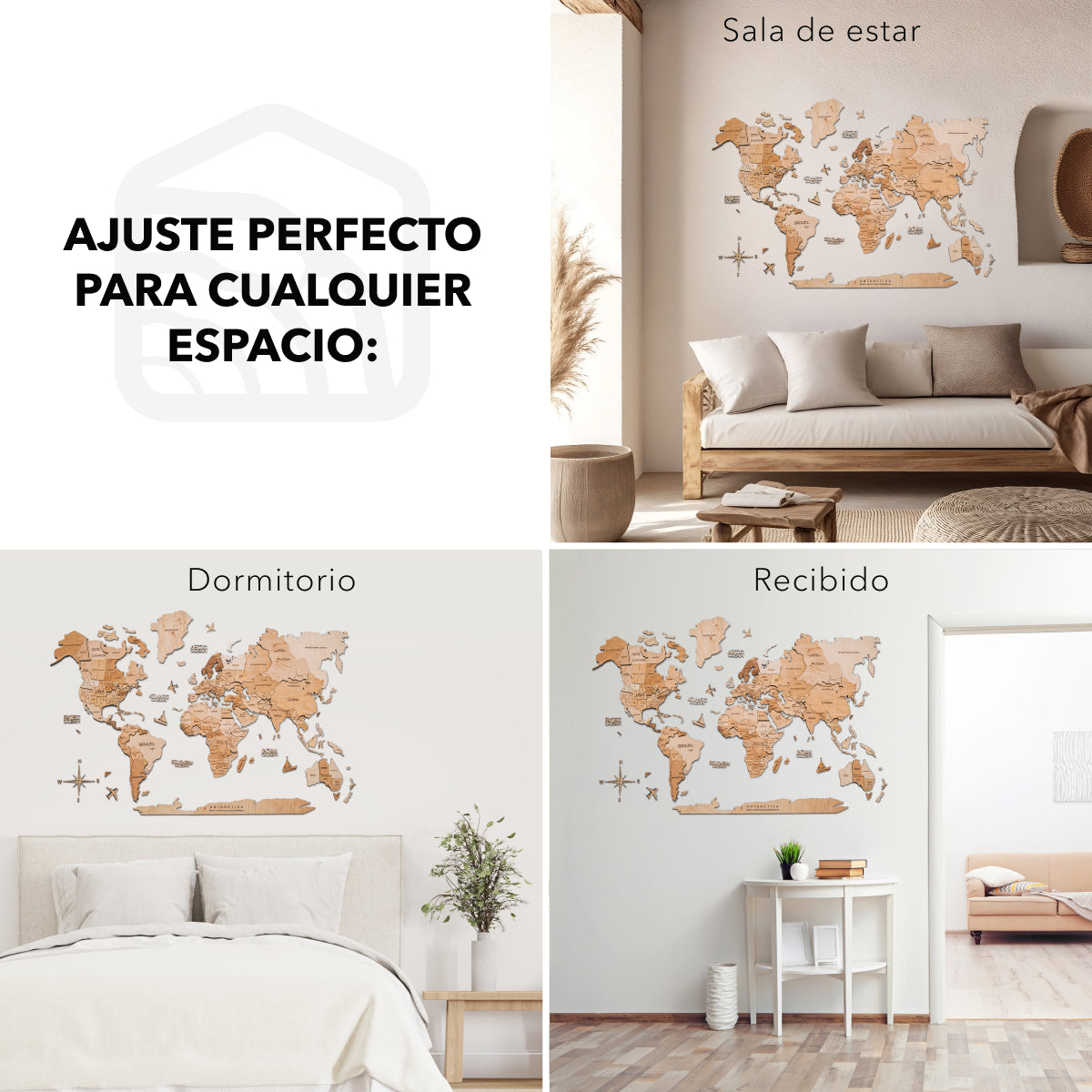 Mapamundi 3D de Madera Claro