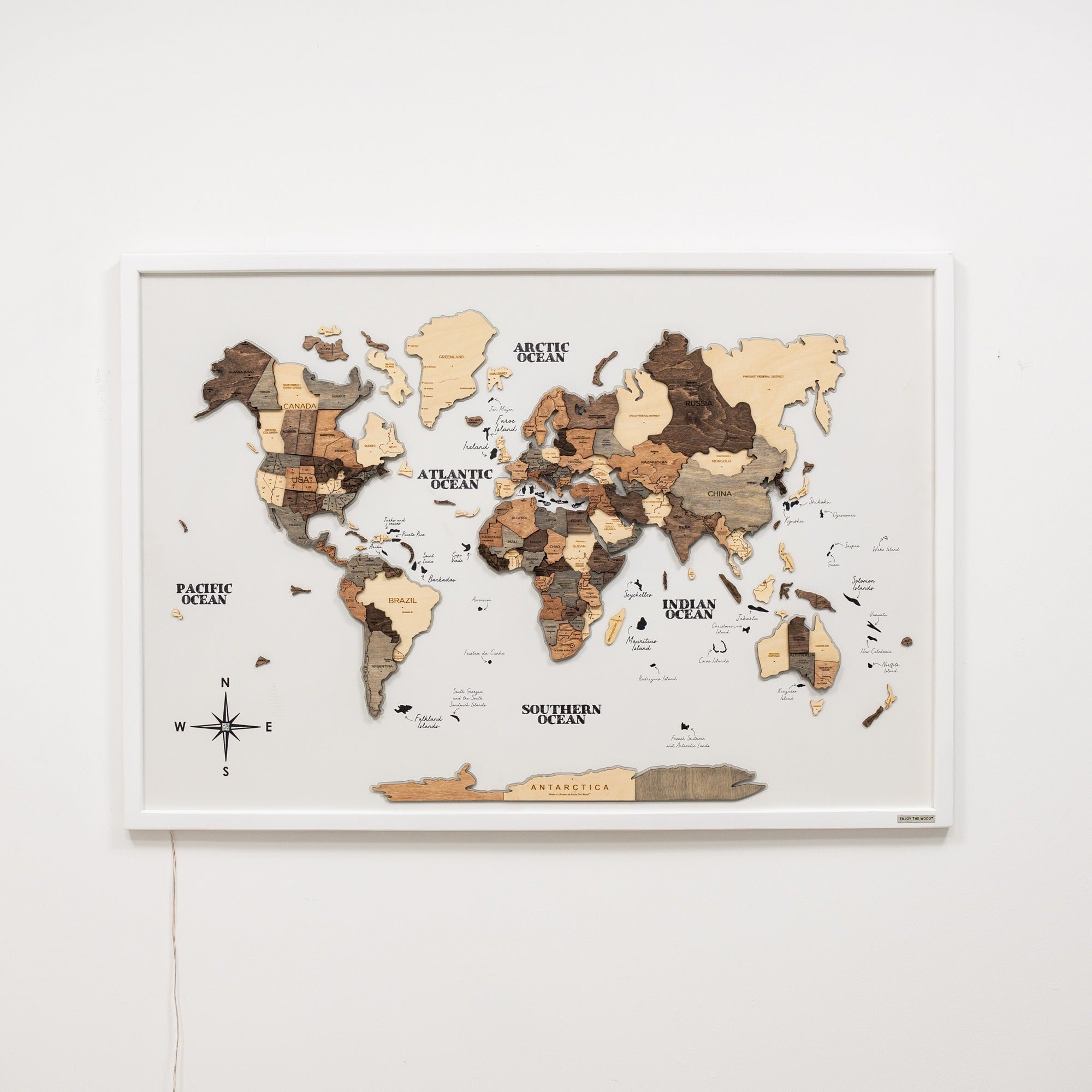 Wooden world map on a white wall