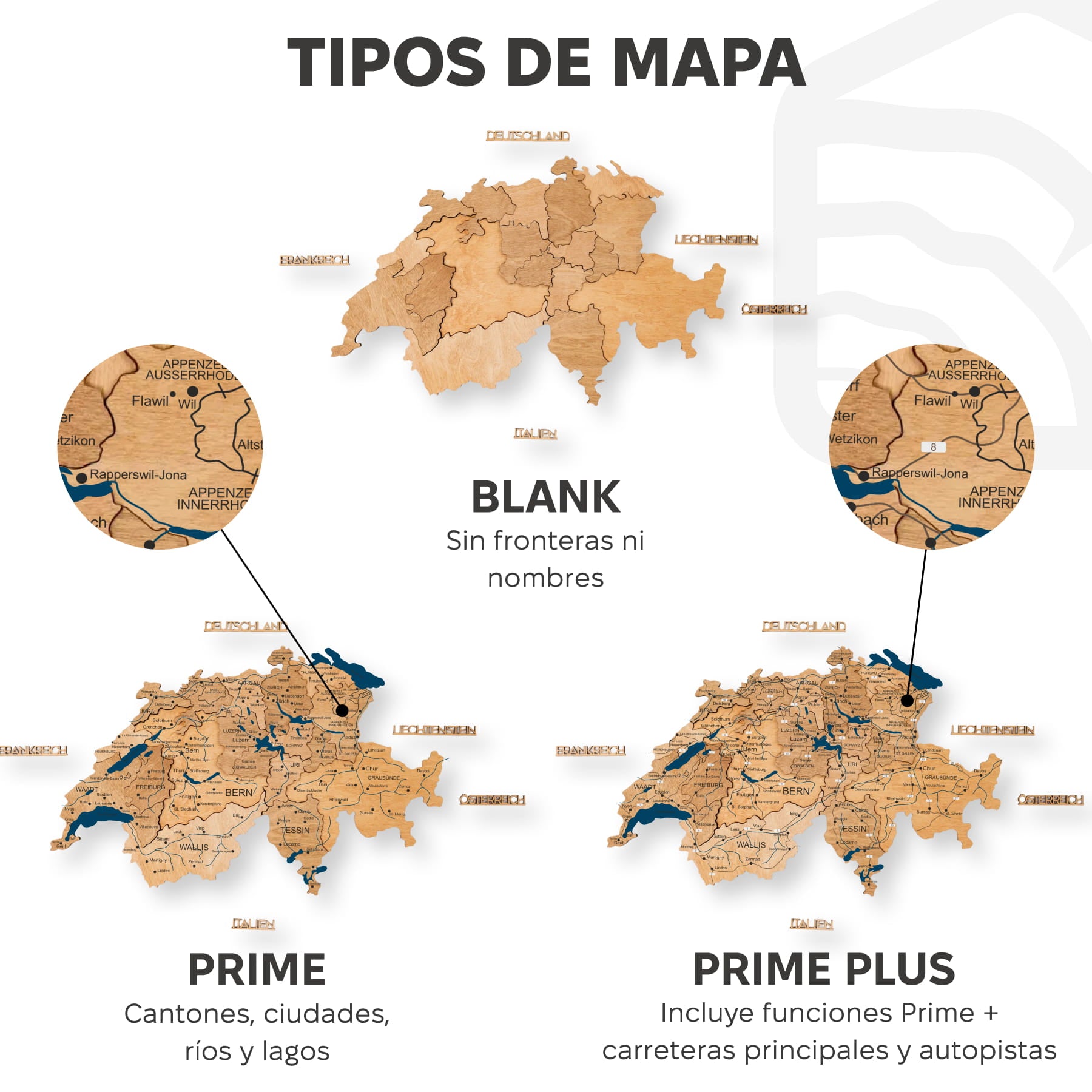 Mapa de Suiza Madera – Gold