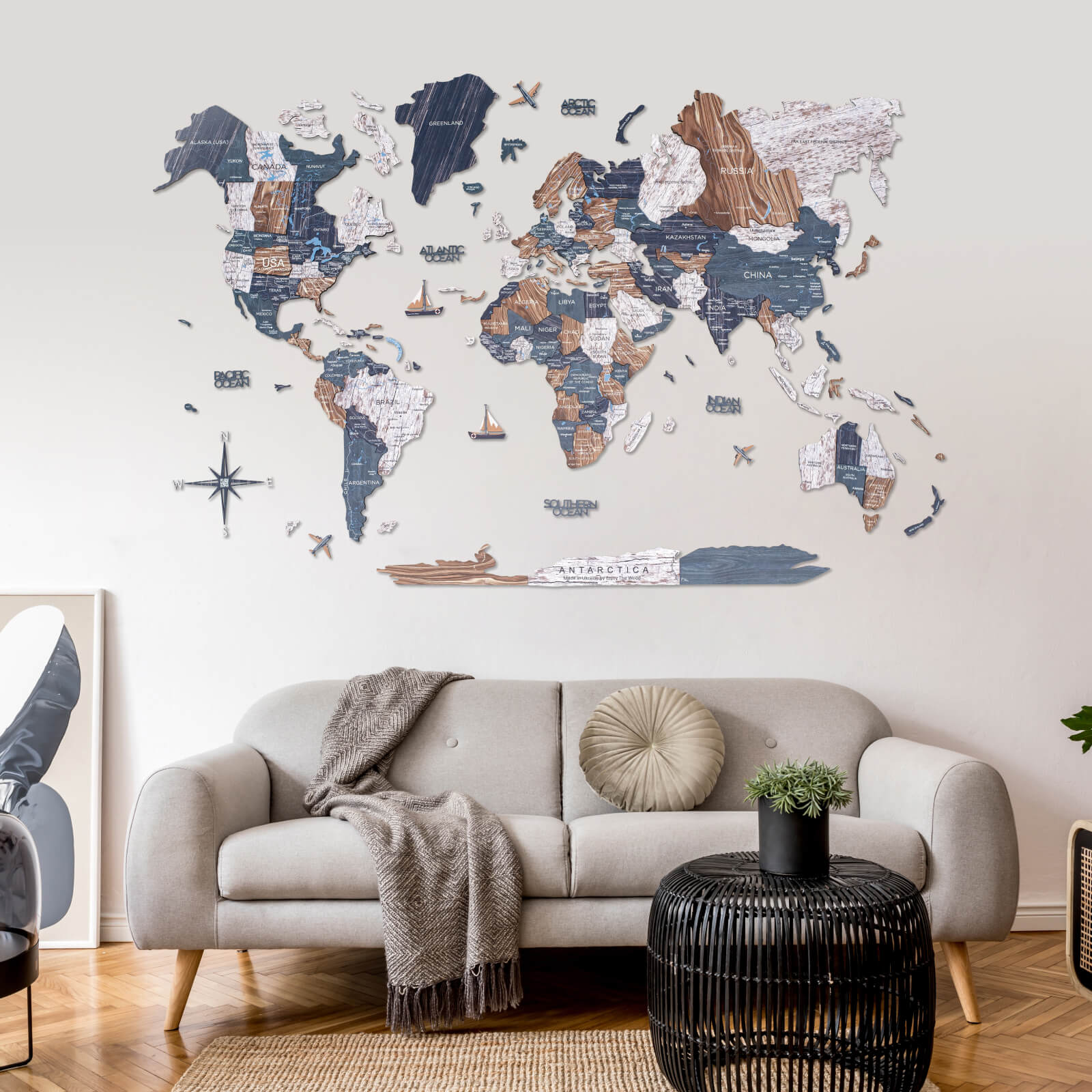 world map painted on wood