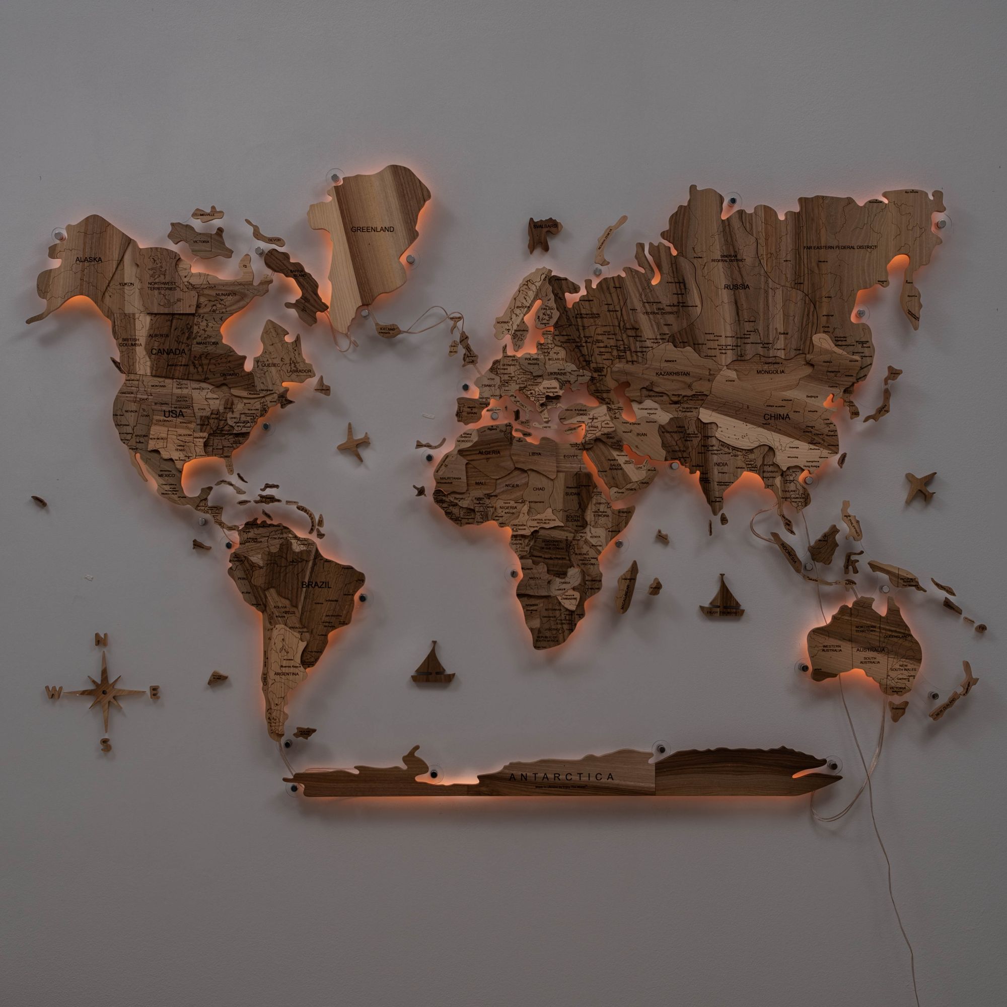 large wooden map of the world