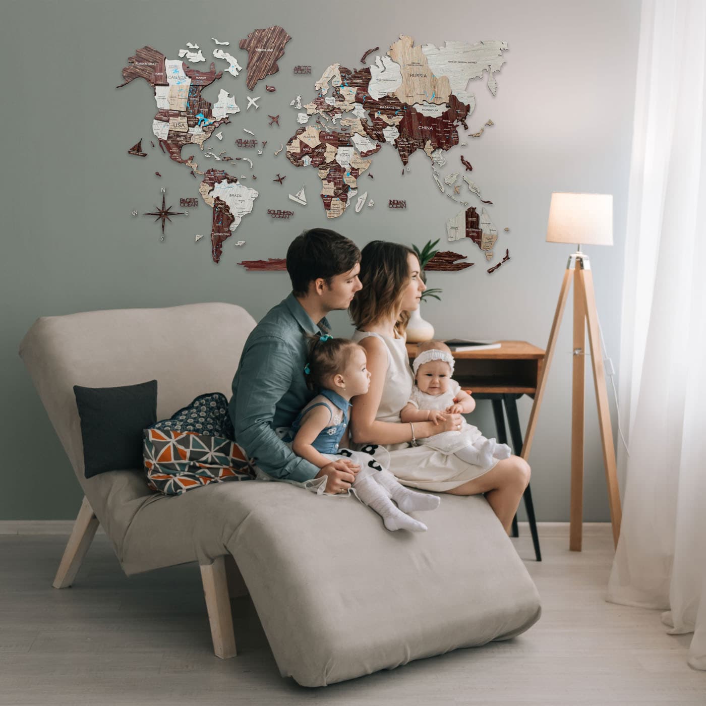 Mapa Mundial 3D de Madera Cappuccino