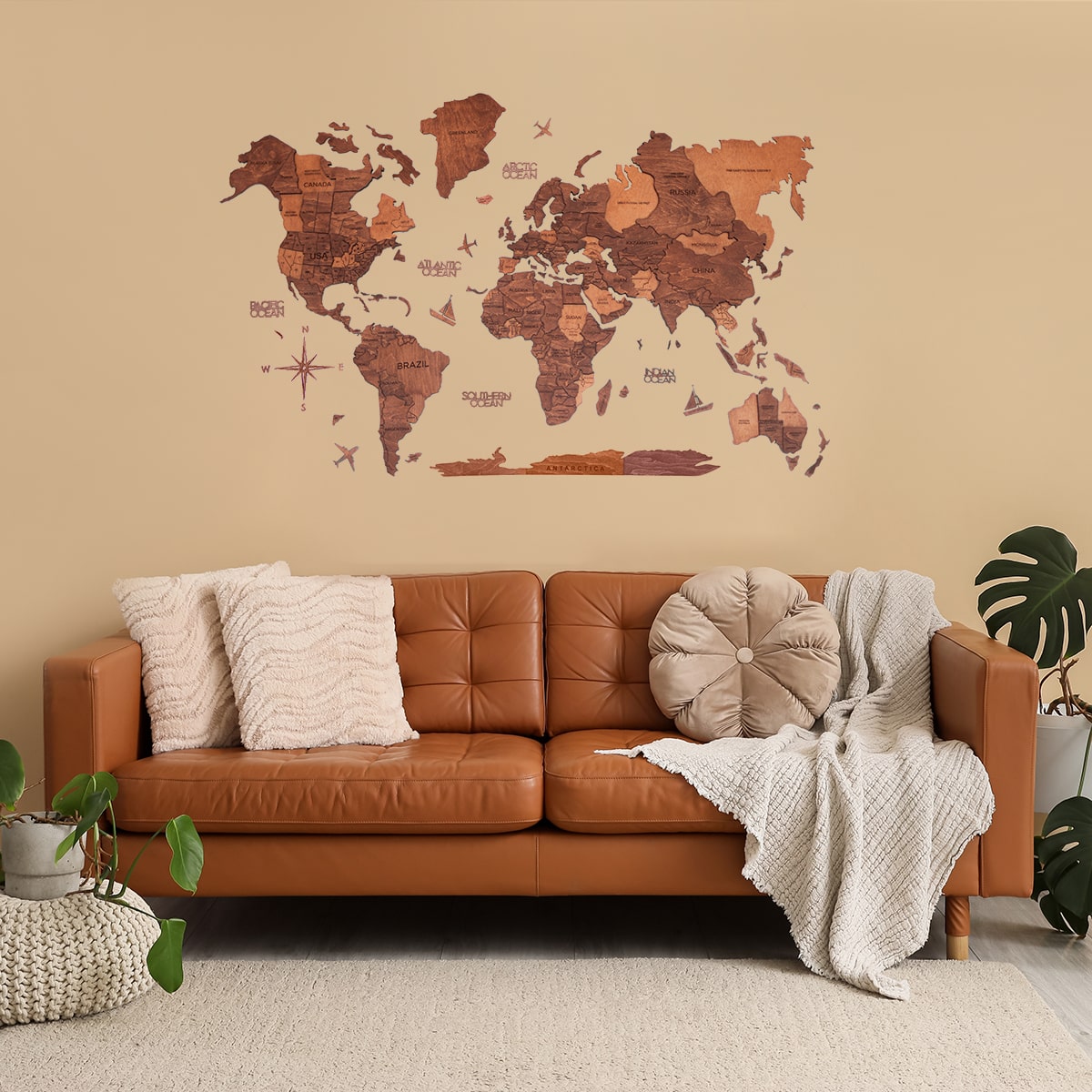 Mapamundi 3D de Madera Color Roble Natural