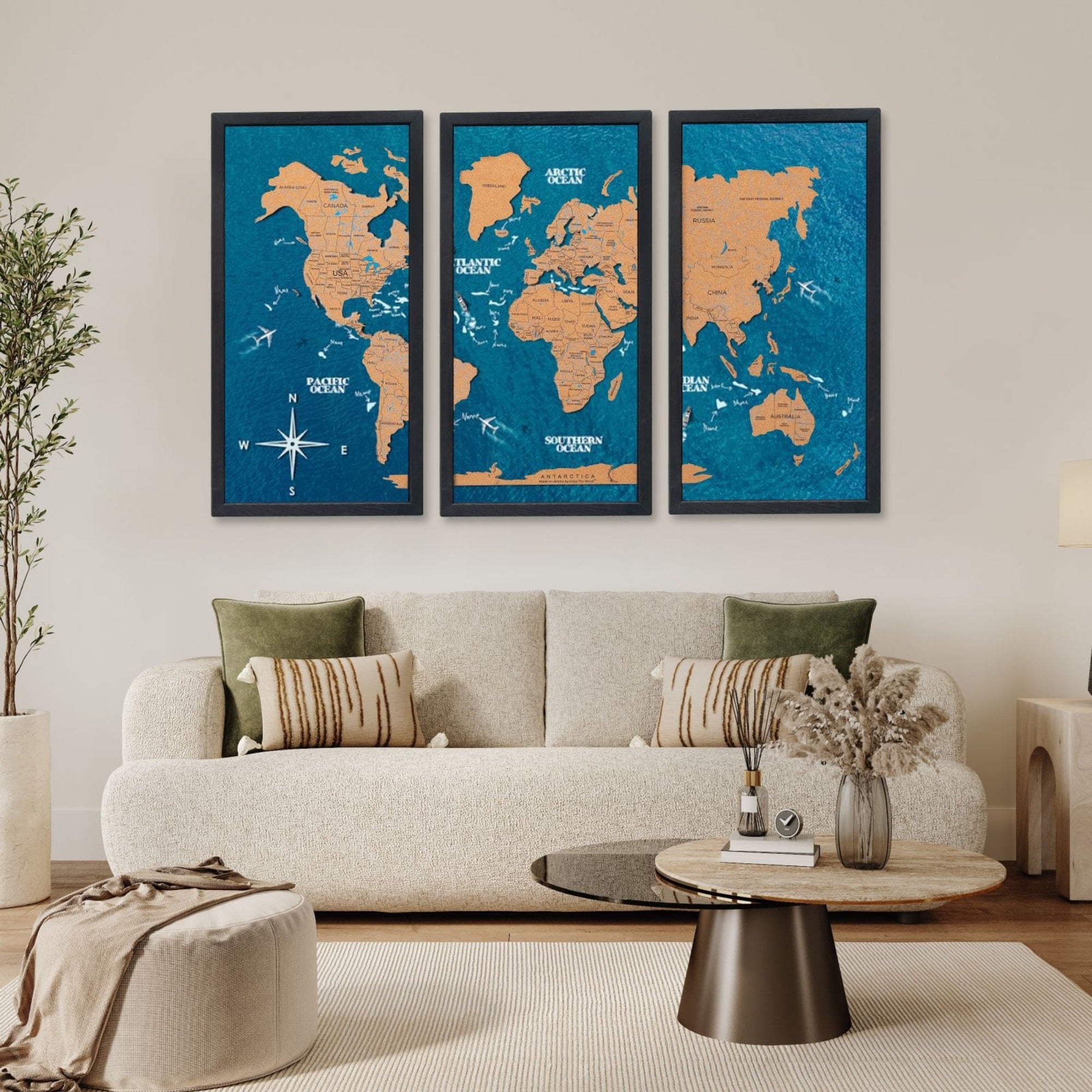 Mapamundi 3D de Madera Tríptico Negro