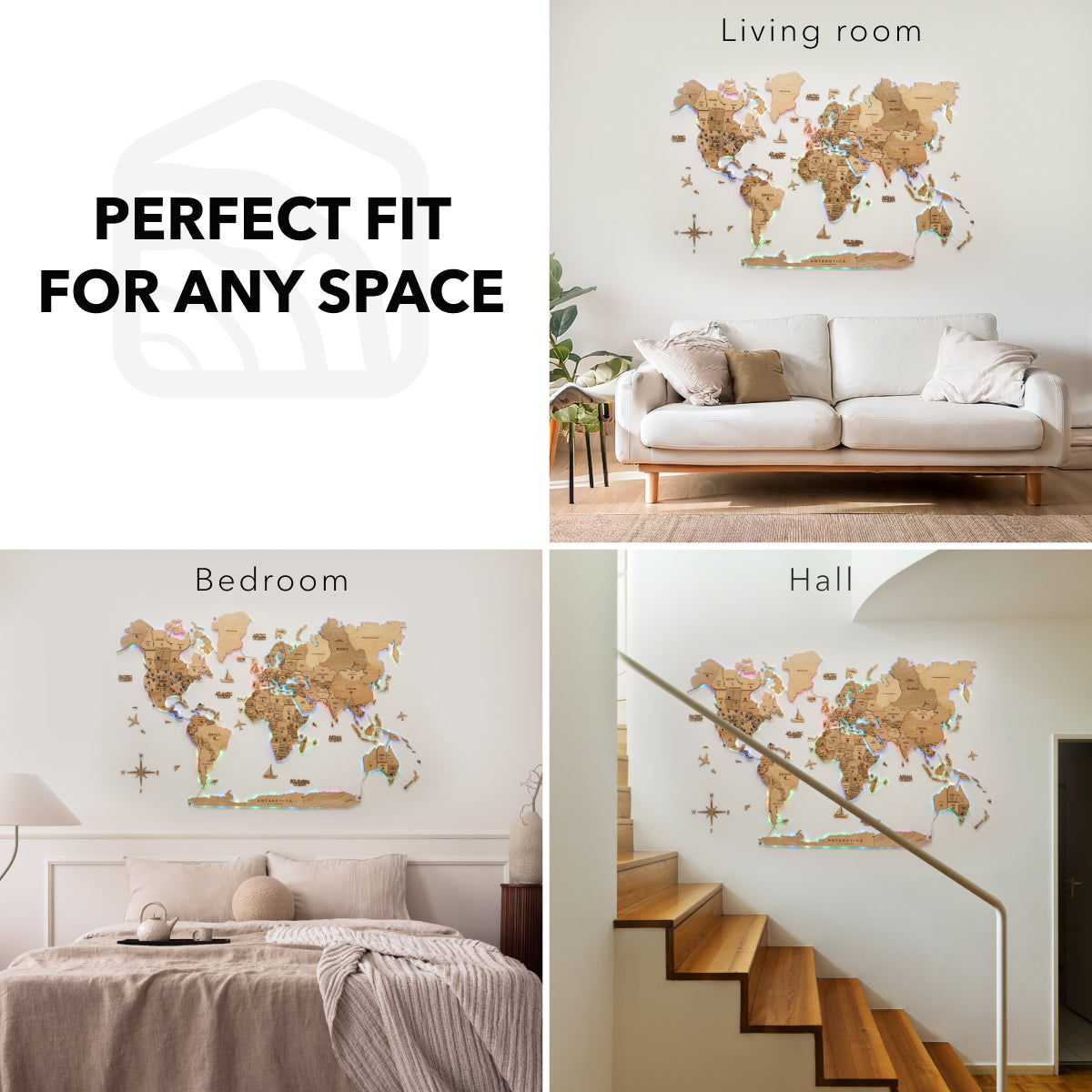 3D LED Wooden World Map 2.0 Gold