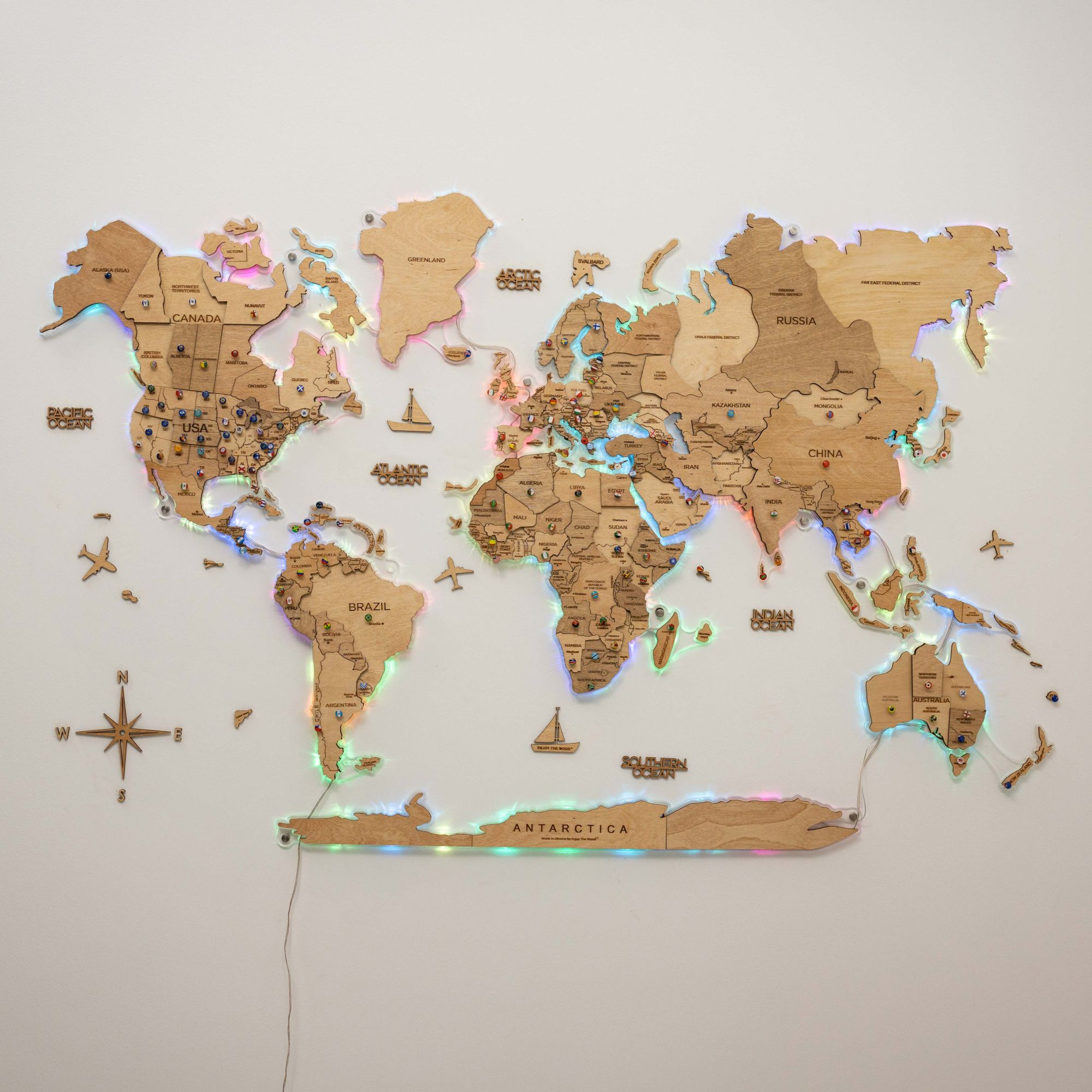3D LED Wooden World Map 2.0 Gold