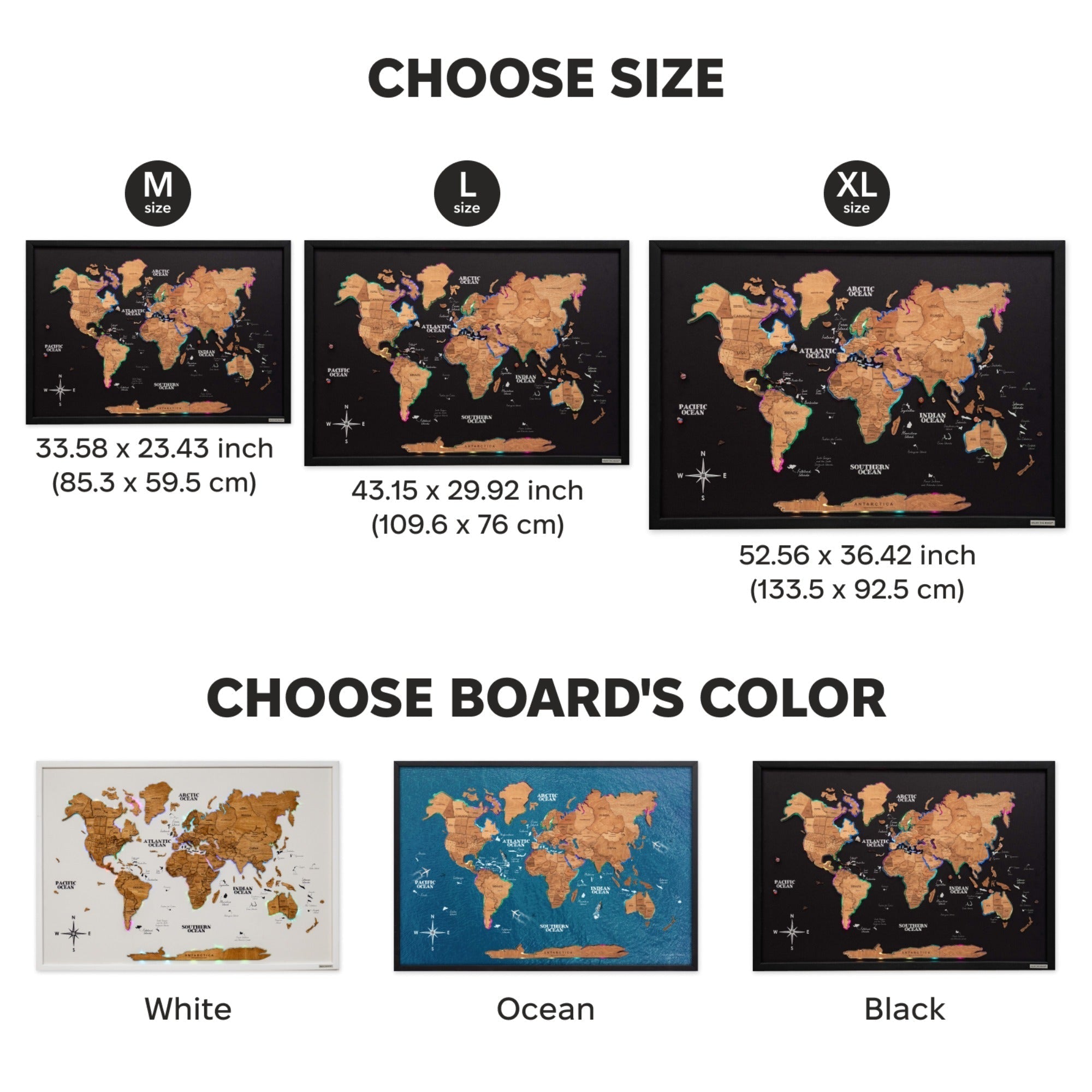 World map posters with size and color options displayed.