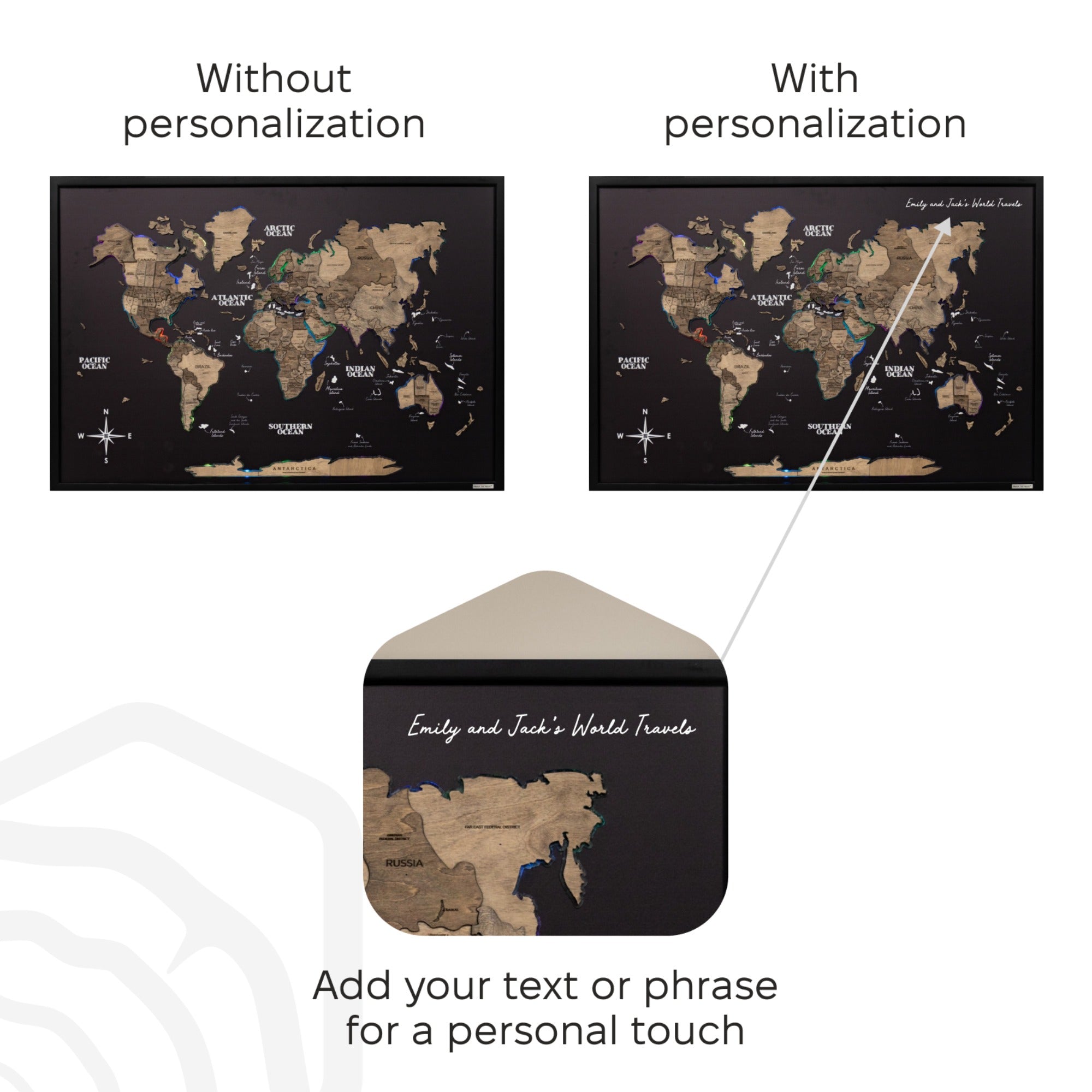 World map with and without personalization text, showing customization option.