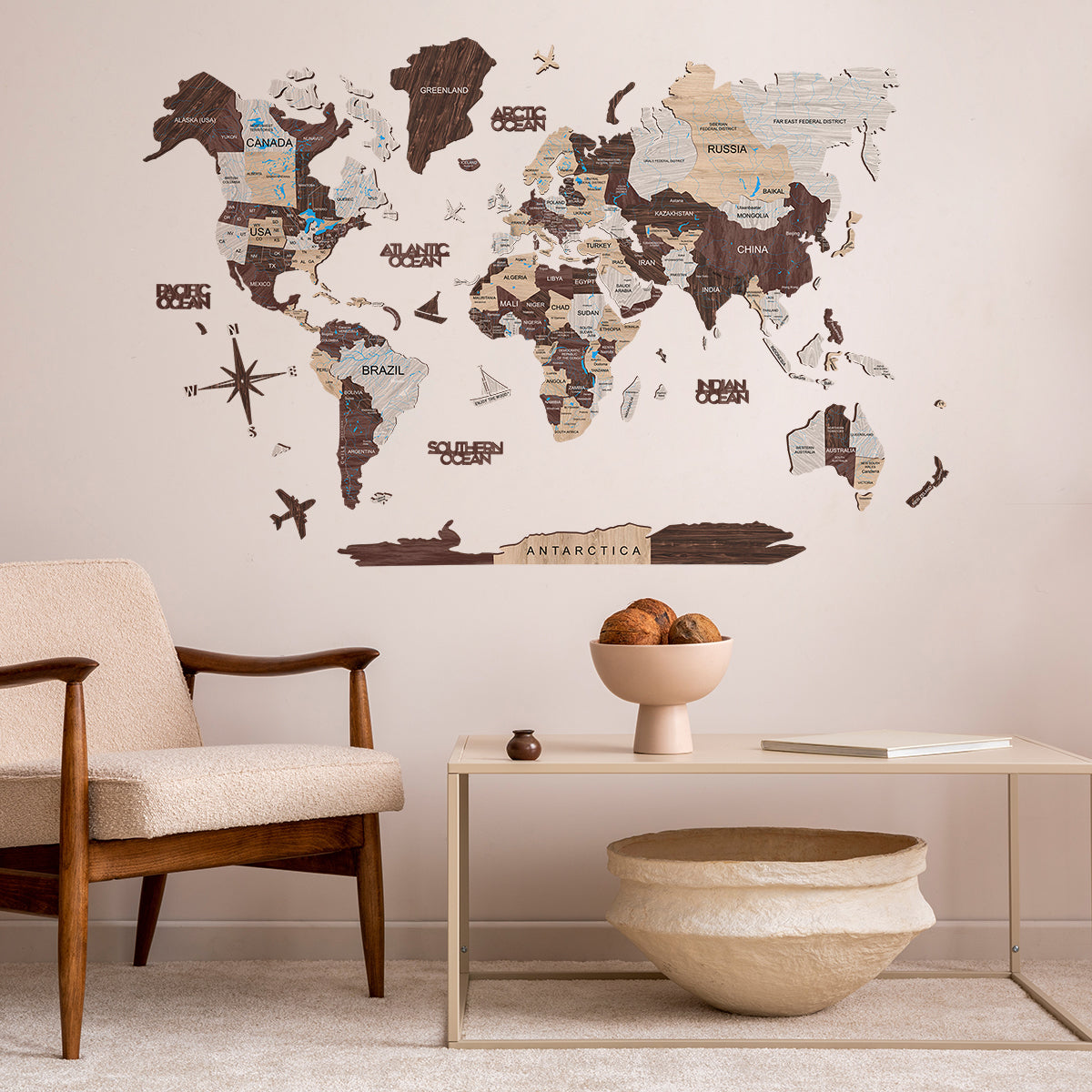 Mapa Mundial 3D de Madera Cappuccino