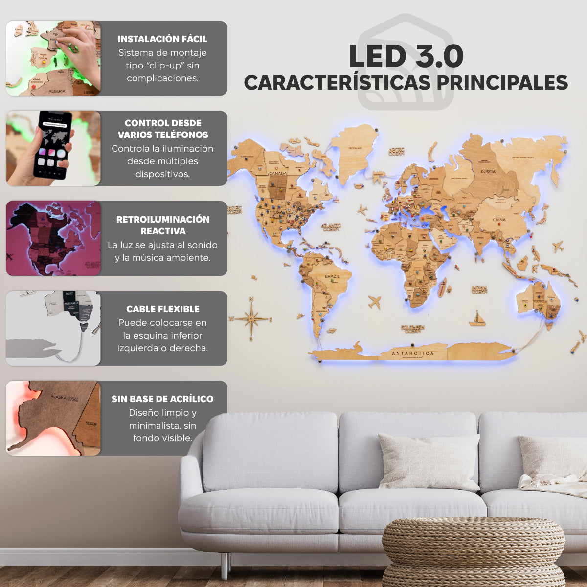 Mapamundi 3D de Madera LED 3.0 Claro