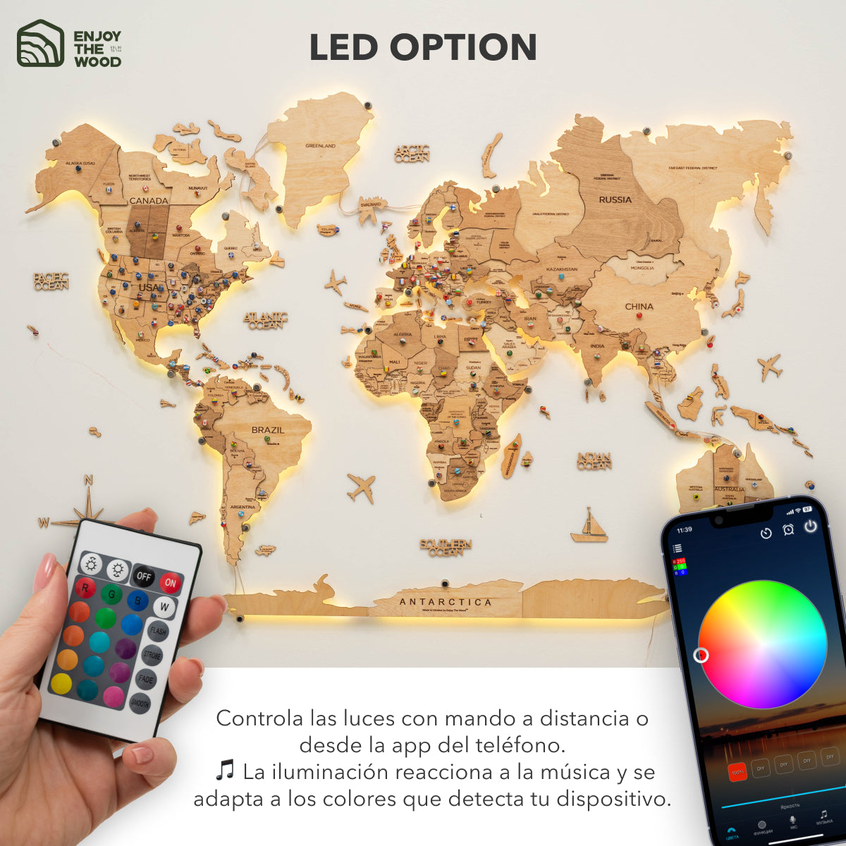 Mapamundi 3D de Madera LED 3.0 Claro