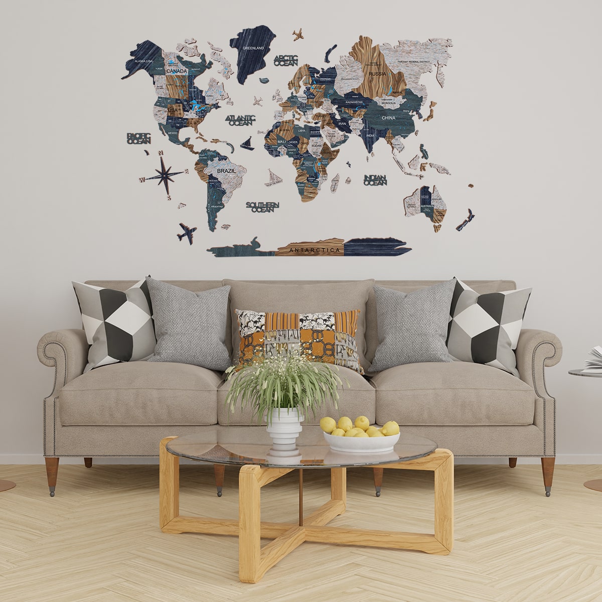 world map painted on wood