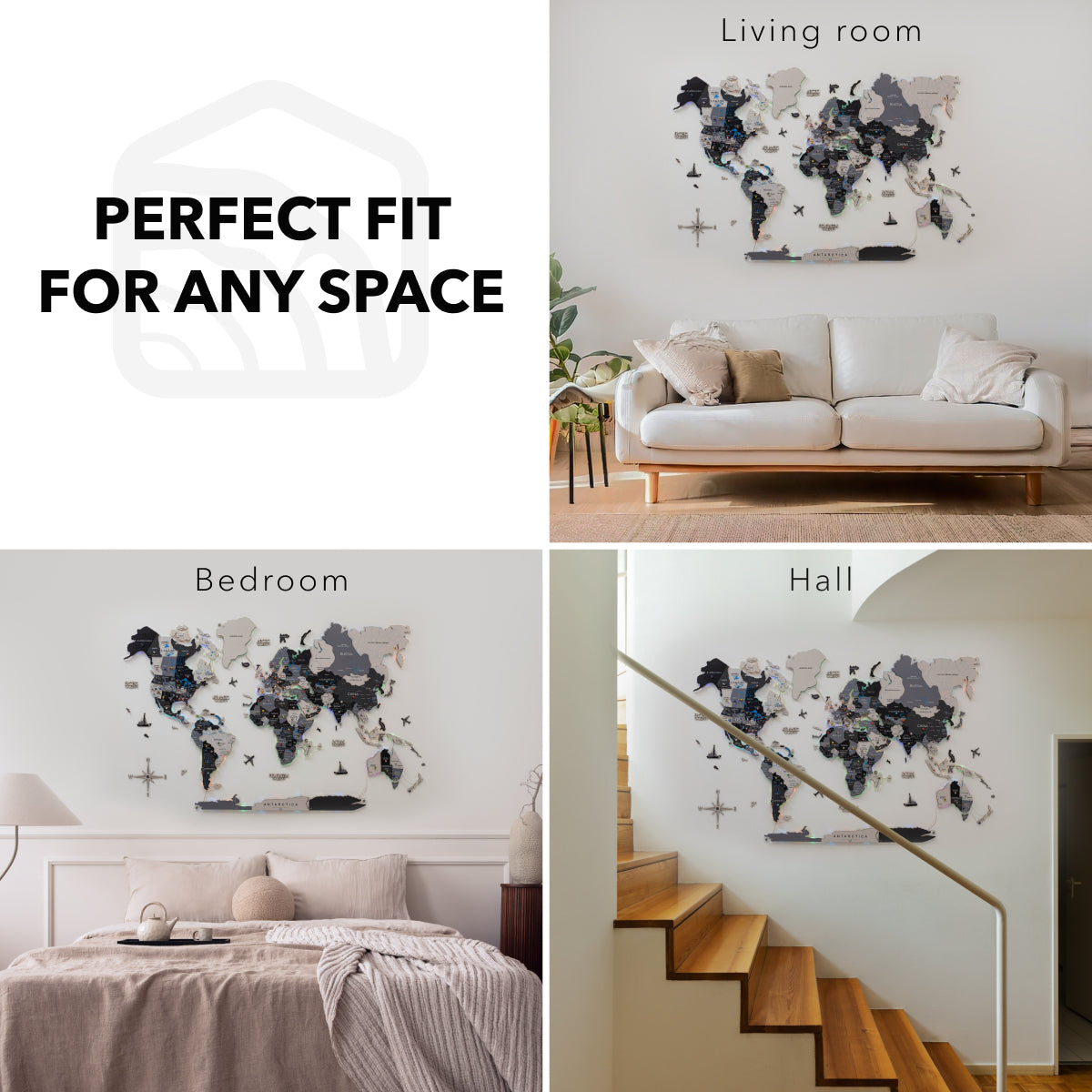 World map wall art displayed in living room, bedroom, and hall settings with text 'Perfect Fit for Any Space'.