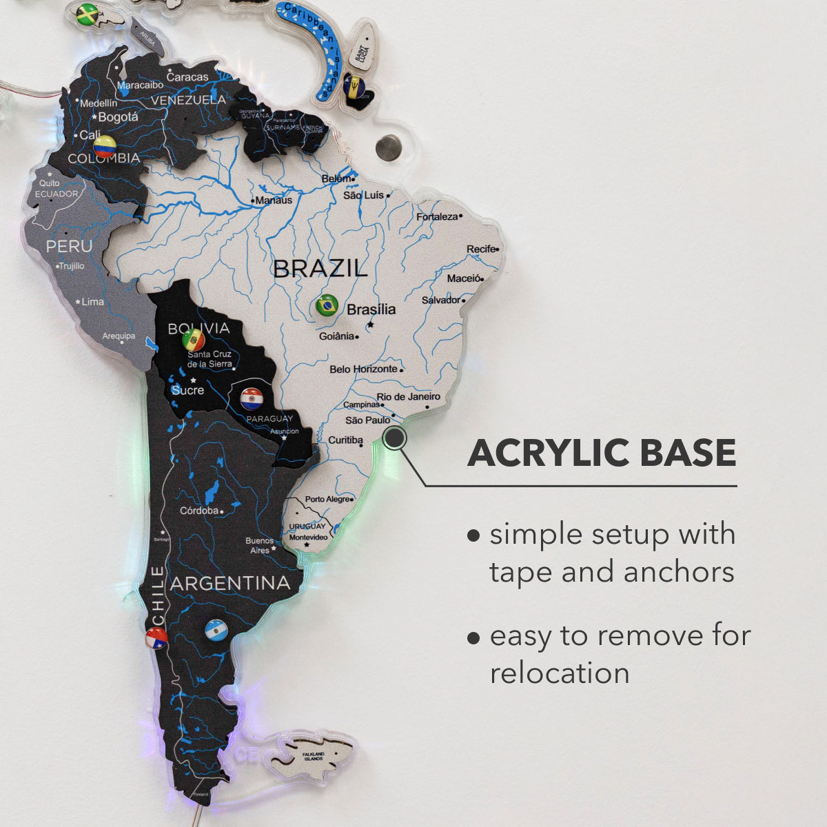 Map of South America with an acrylic base on a white background