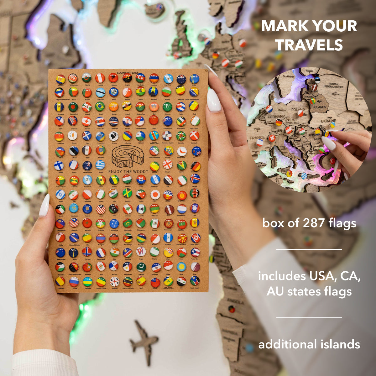 Box of 287 flags with a map in the background