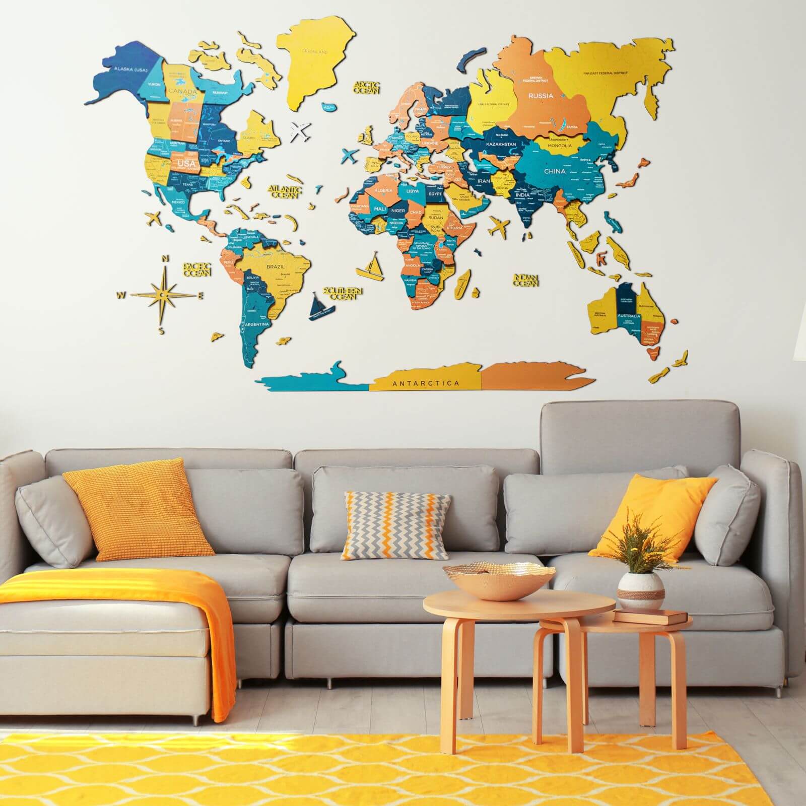 Mapa Mundial 3D Luminoso/Magnético y Colorido de Madera Indie