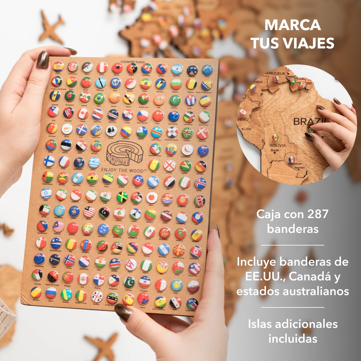 Mapa Mundi 3D de Madera Roble