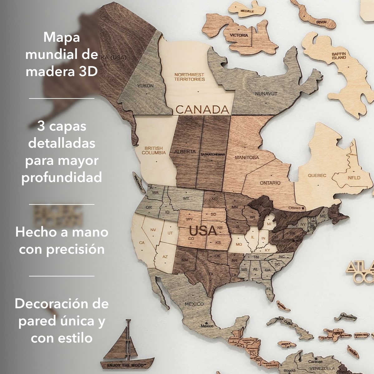 Mapa Mundi 3D de Madera Smokey