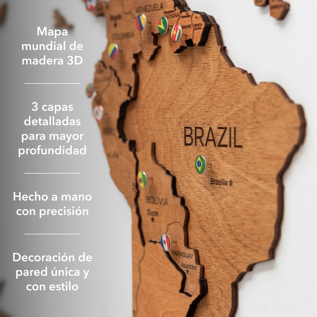 Mapa Mundi 3D de Madera Roble