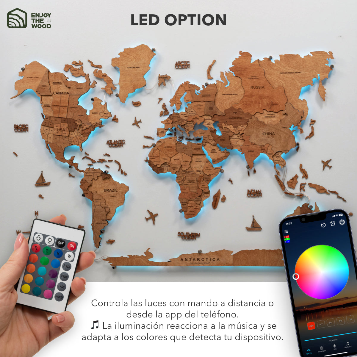 Mapa Mundi 3D de Madera con Luz LED 3.0 Roble