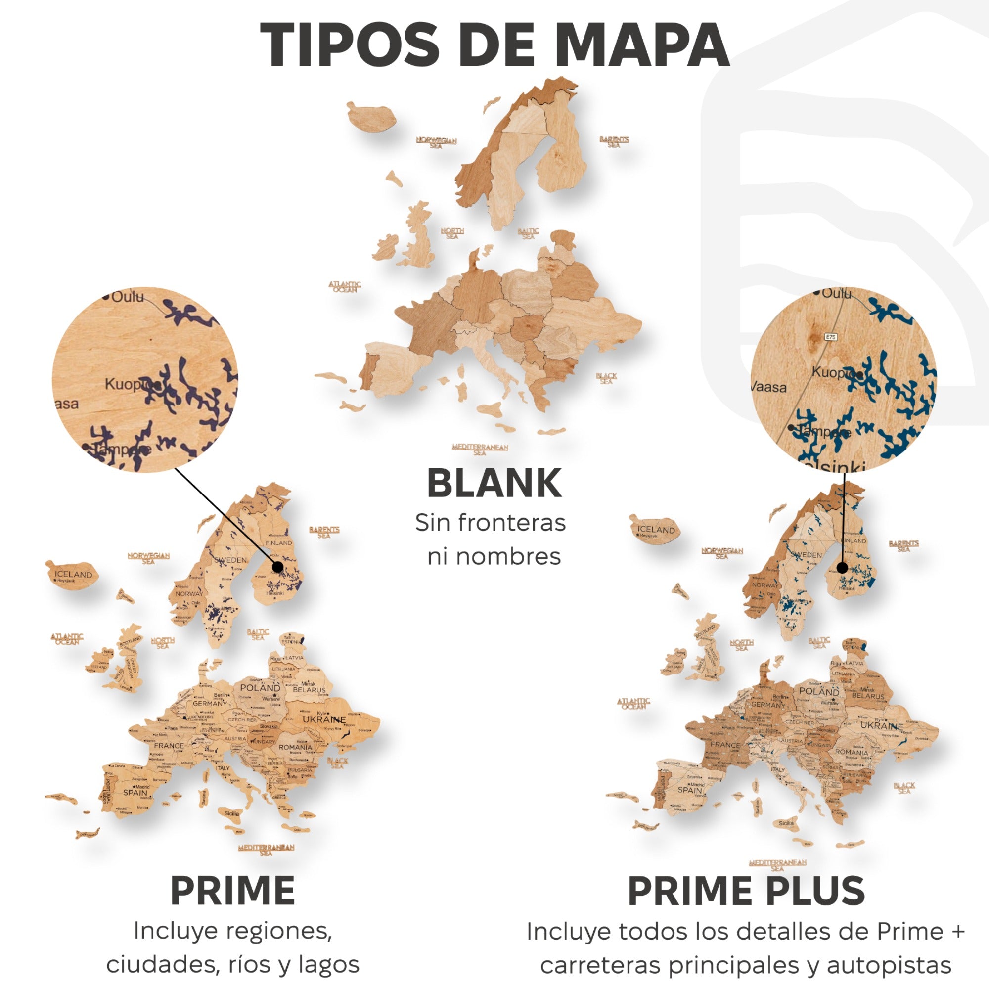 Mapa de Europa 3D de Madera Dorado