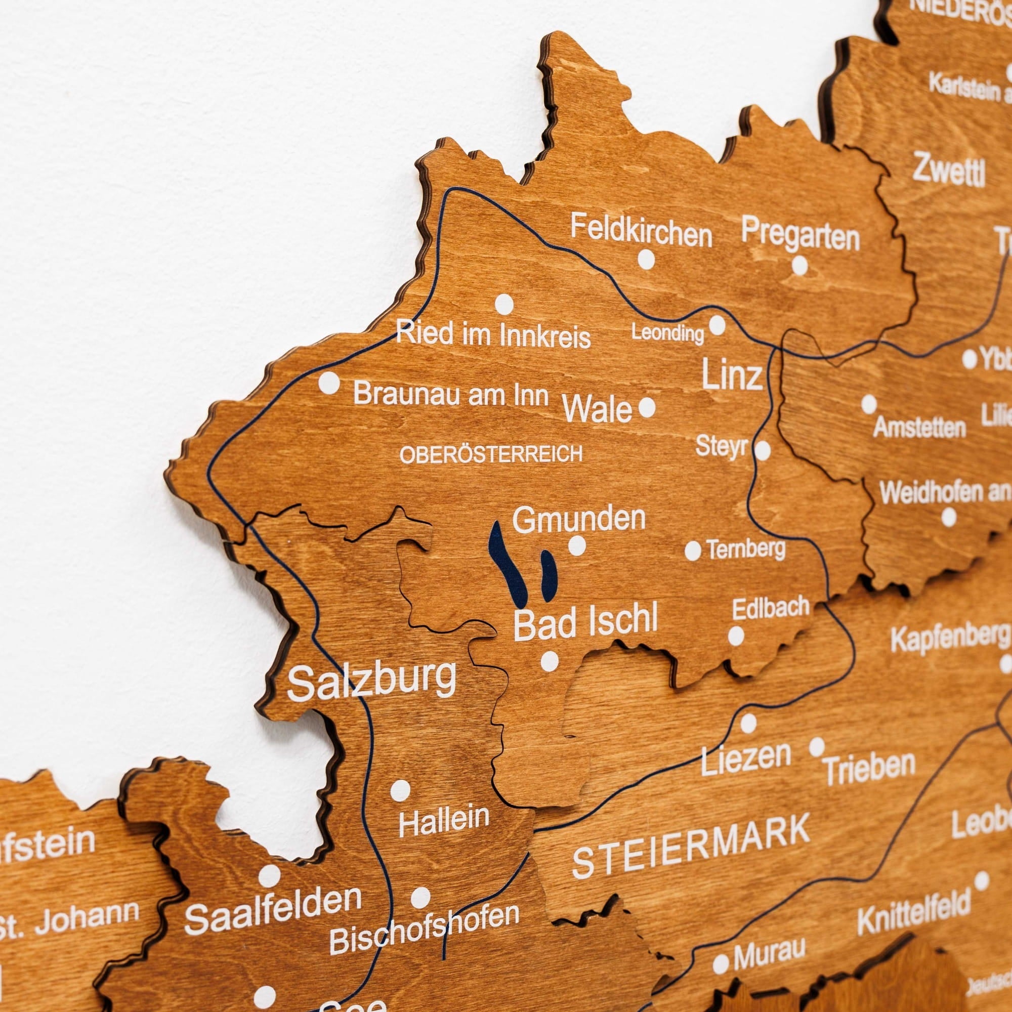 Wooden map of Austria with Salzburg and Bad Ischl highlighted