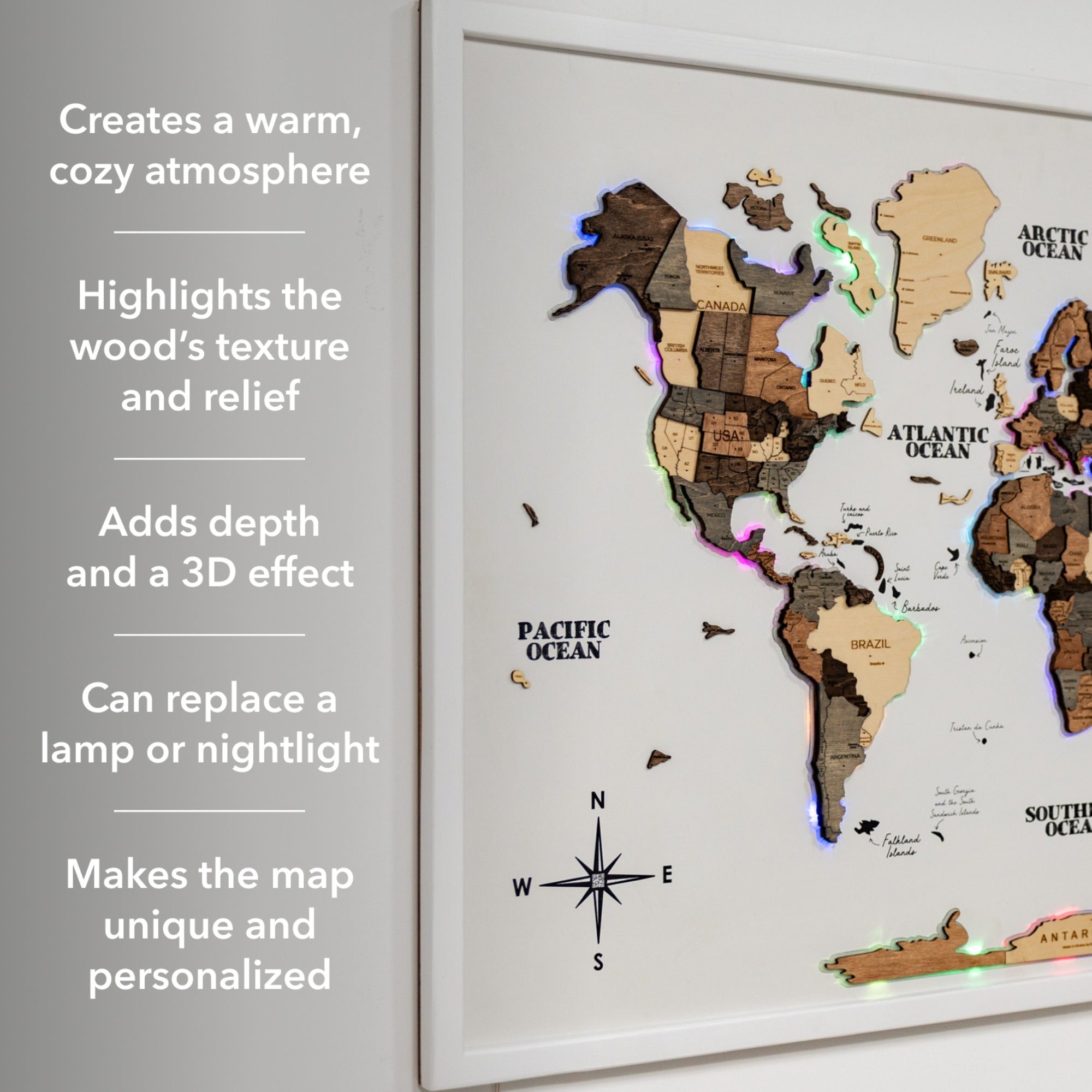 Wooden world map with LED lights on a white wall, text describing its features.