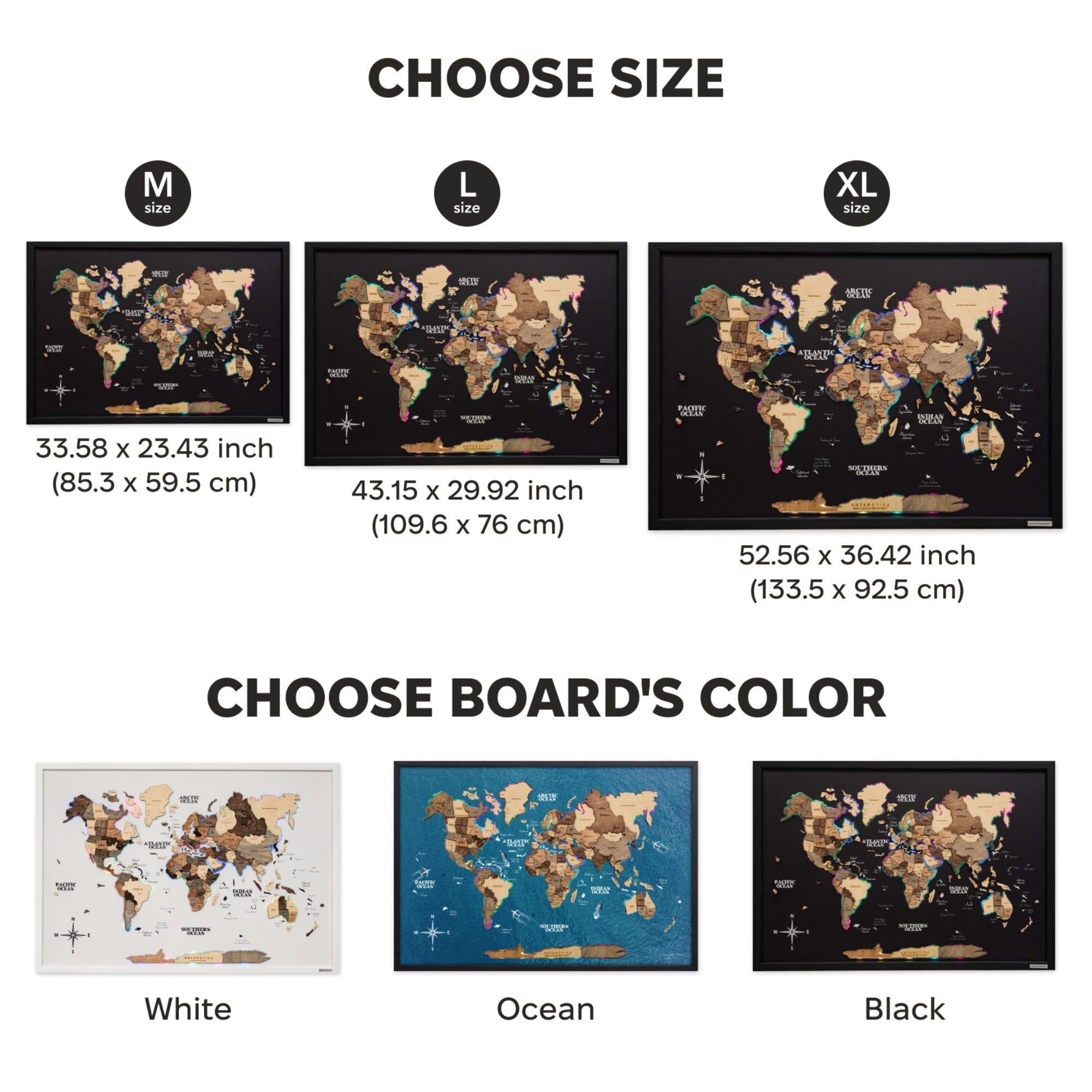 World map board with size and color options displayed.