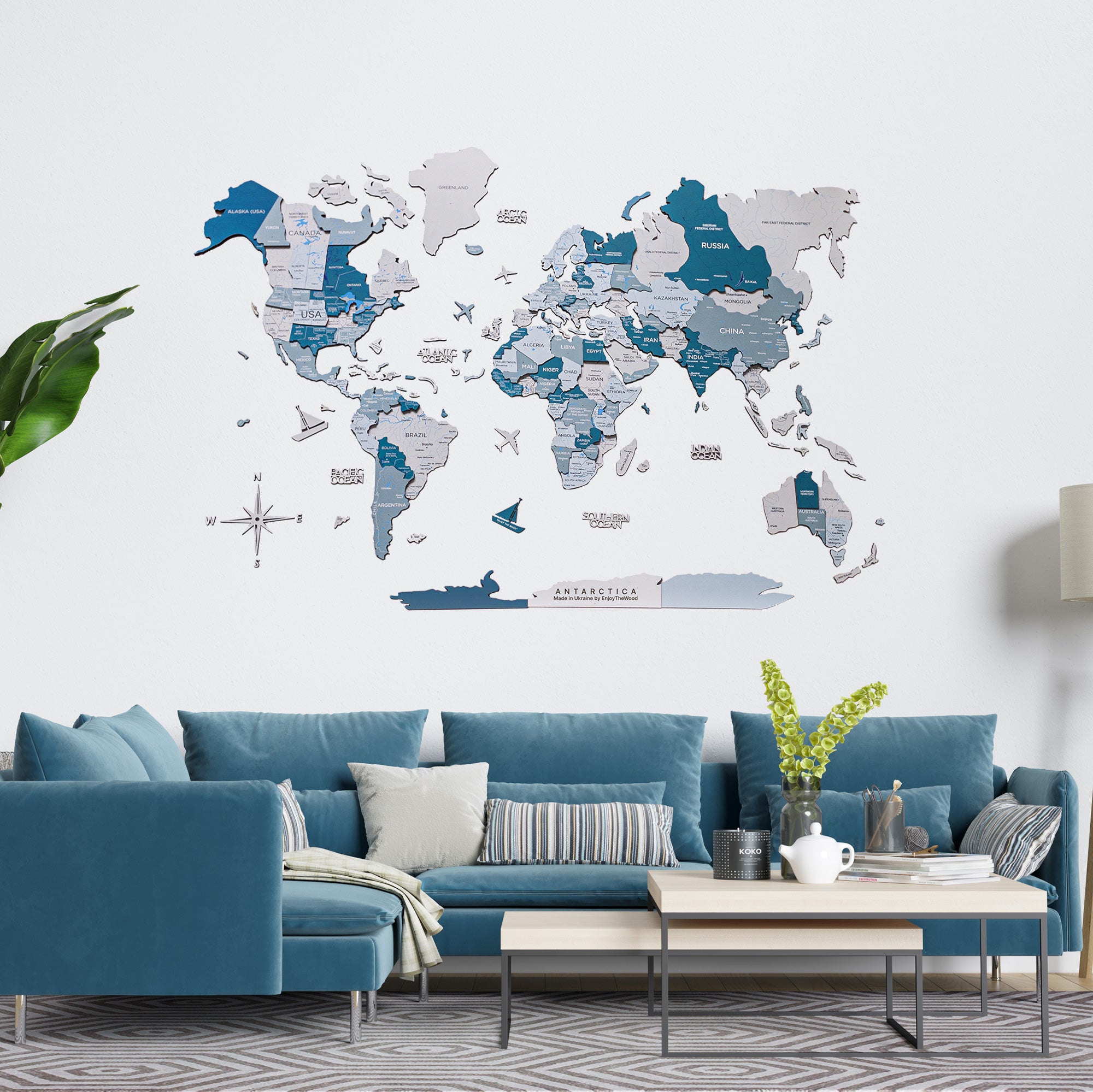 Mapa Mundi de Madera 3D Aqua