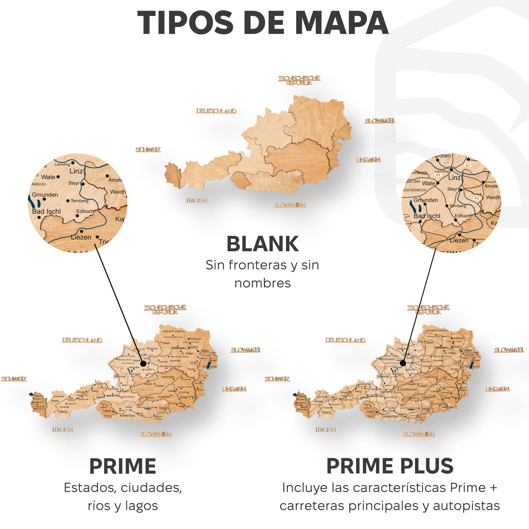 Mapa de Austria Madera - Dorado