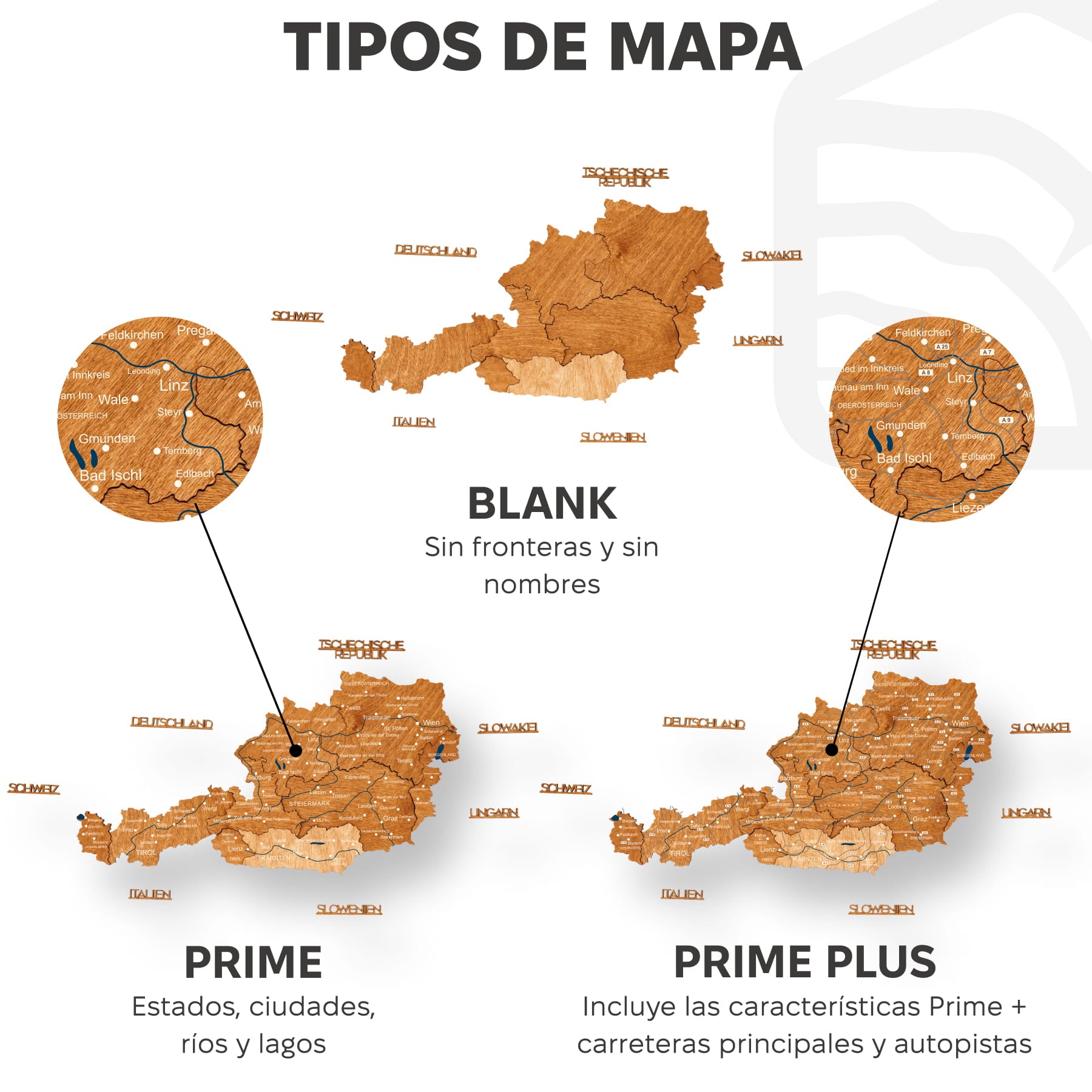 Mapa de Austria Madera - Roble Natural