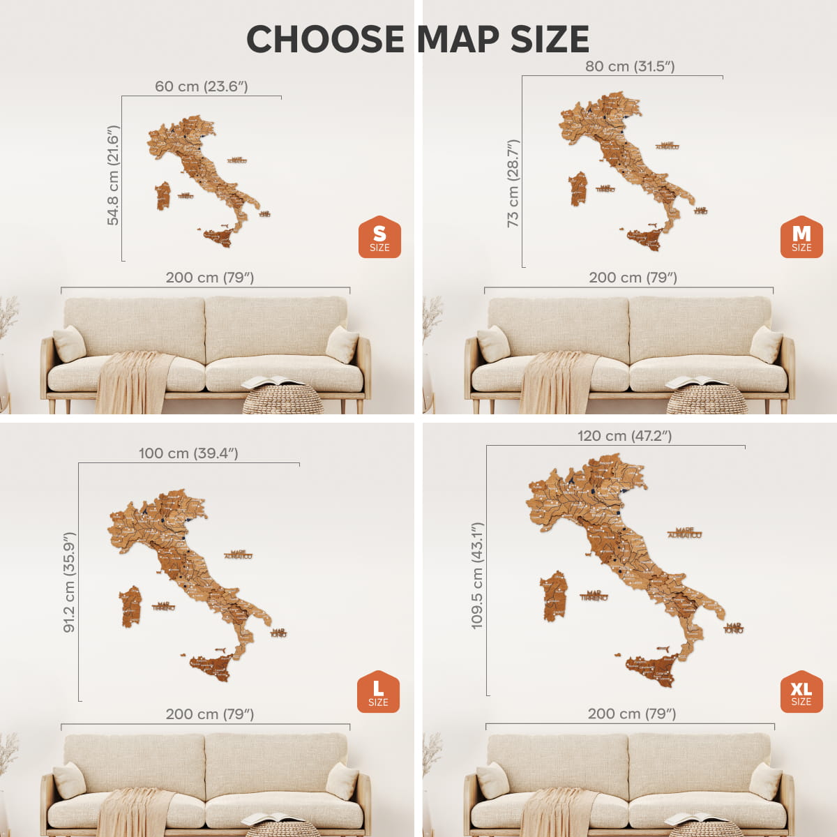 Mapa de Italia Madera - Roble Natural