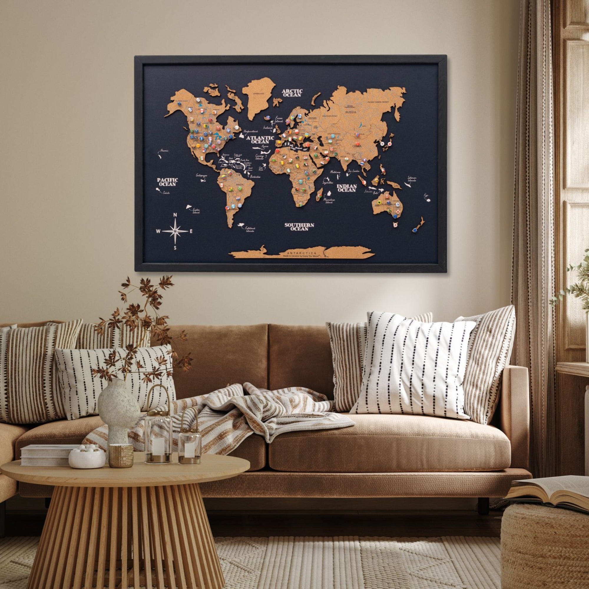 Mapamundi 3D de Madera Un Solo Panel Corcho