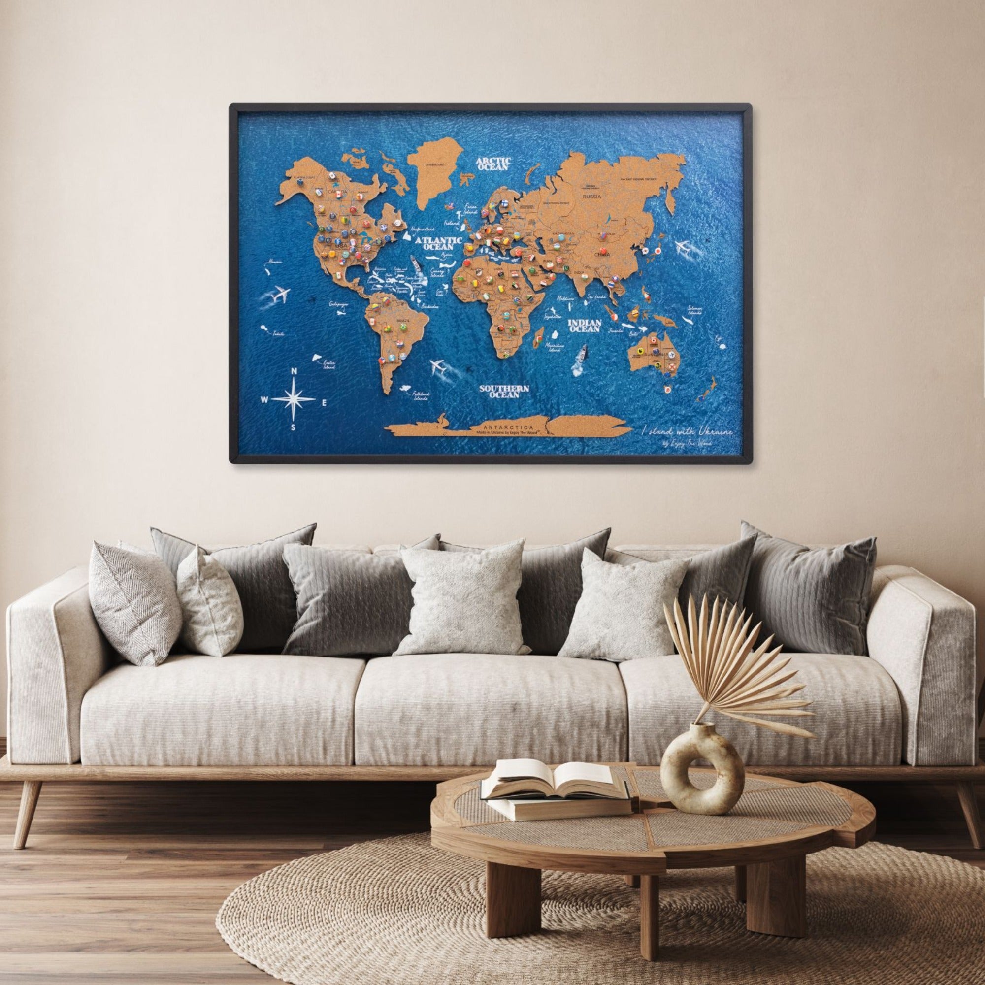 Mapamundi 3D de Madera Un Solo Panel Corcho