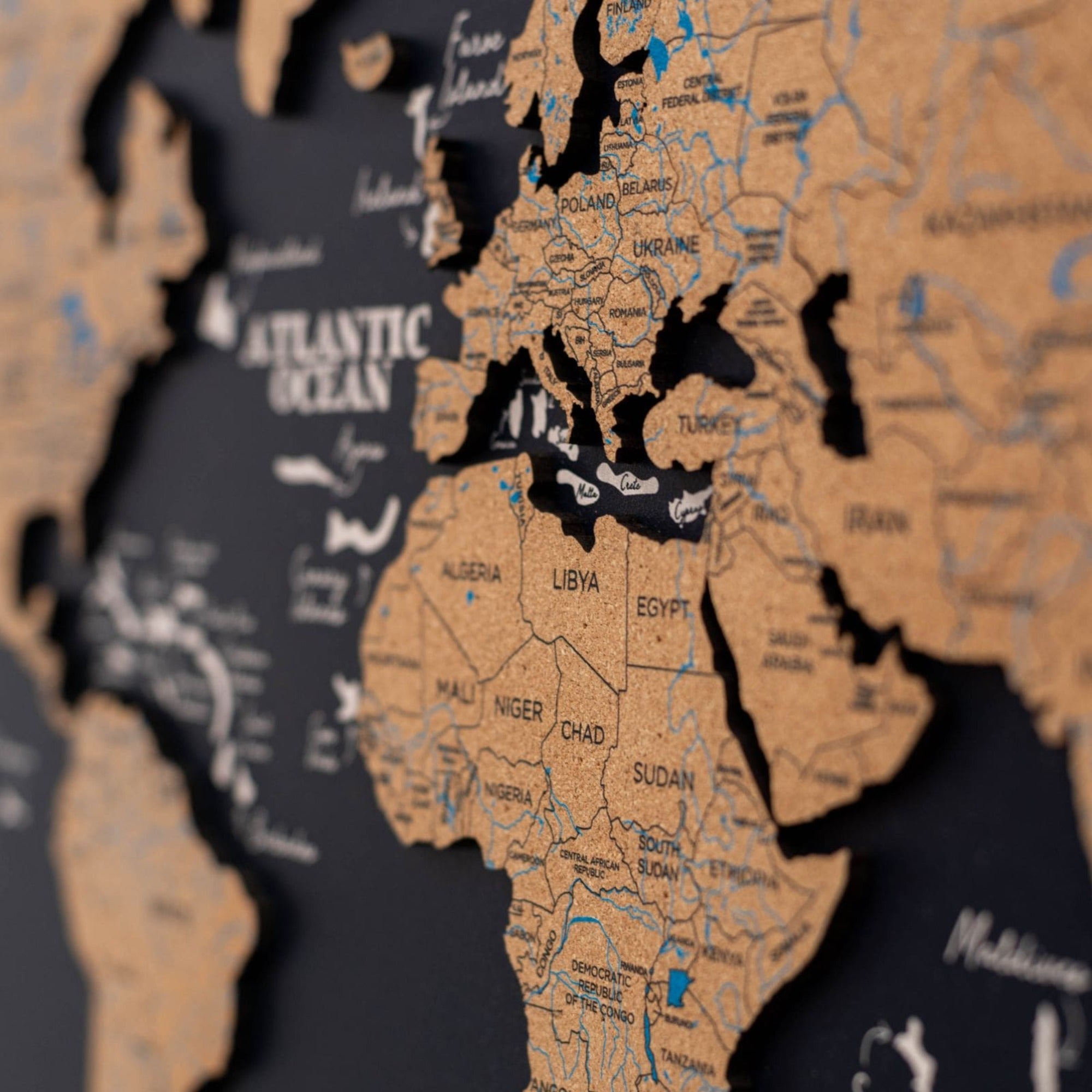 Mapamundi 3D de Madera Un Solo Panel Corcho