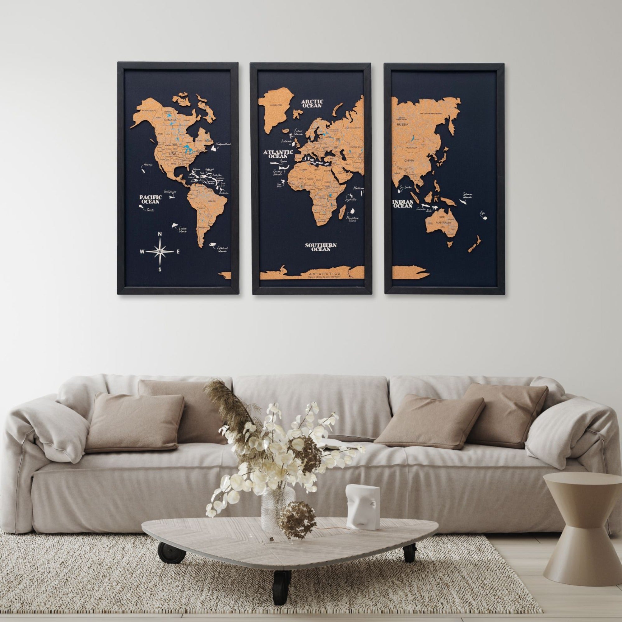 Mapamundi 3D de Madera Tríptico Negro