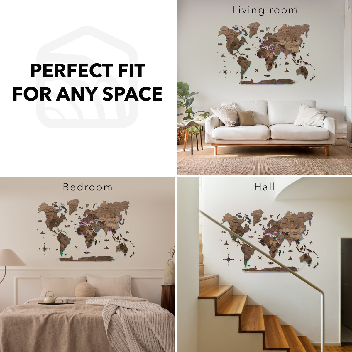 World map wall decal in various rooms with text 'Perfect Fit for Any Space'.