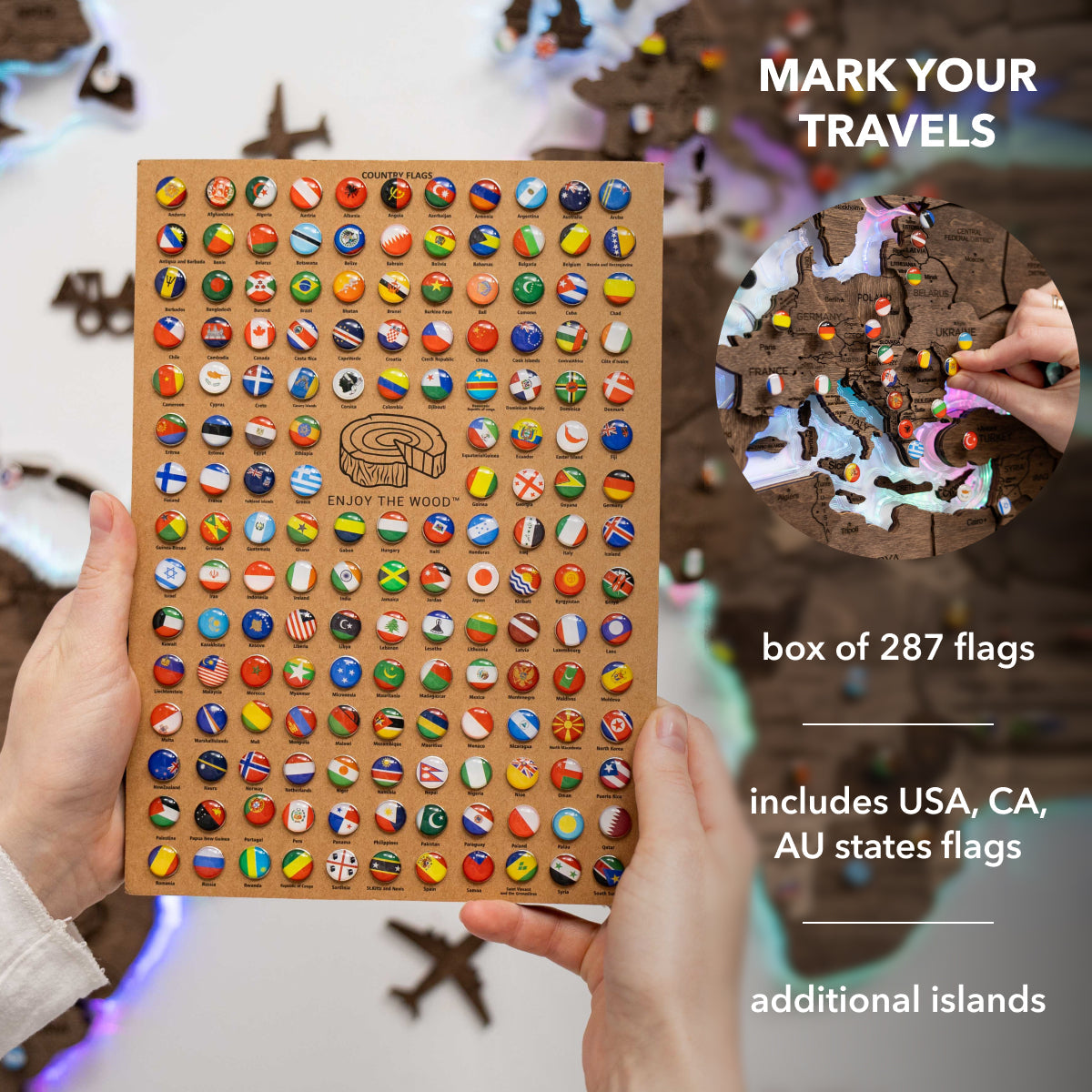 Box of 287 colorful flags with a world map puzzle in the background.