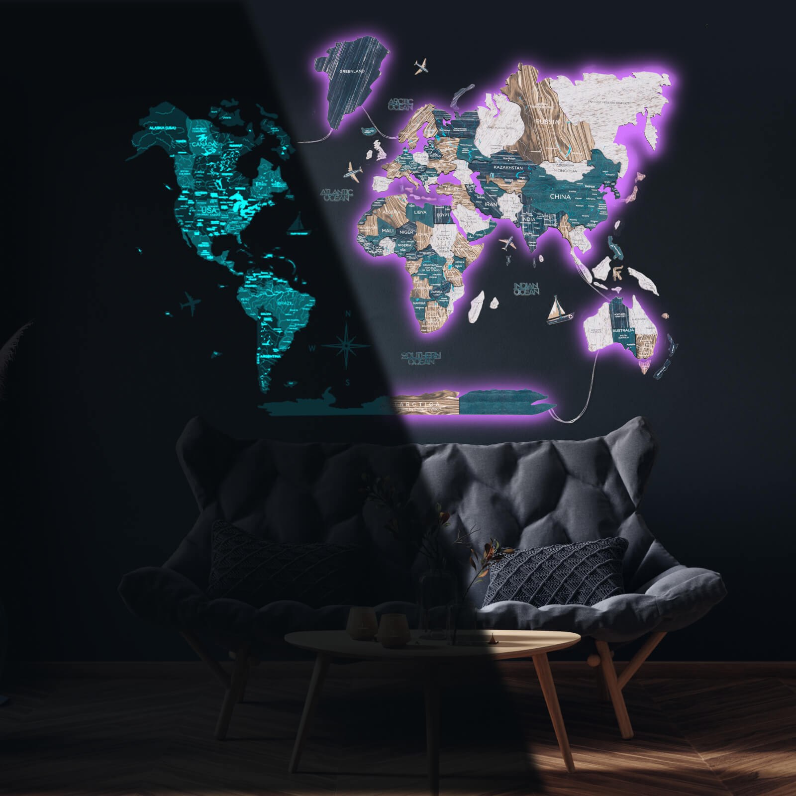 3D LED / LUMINOUS Wooden World Map 3.0 Mystery