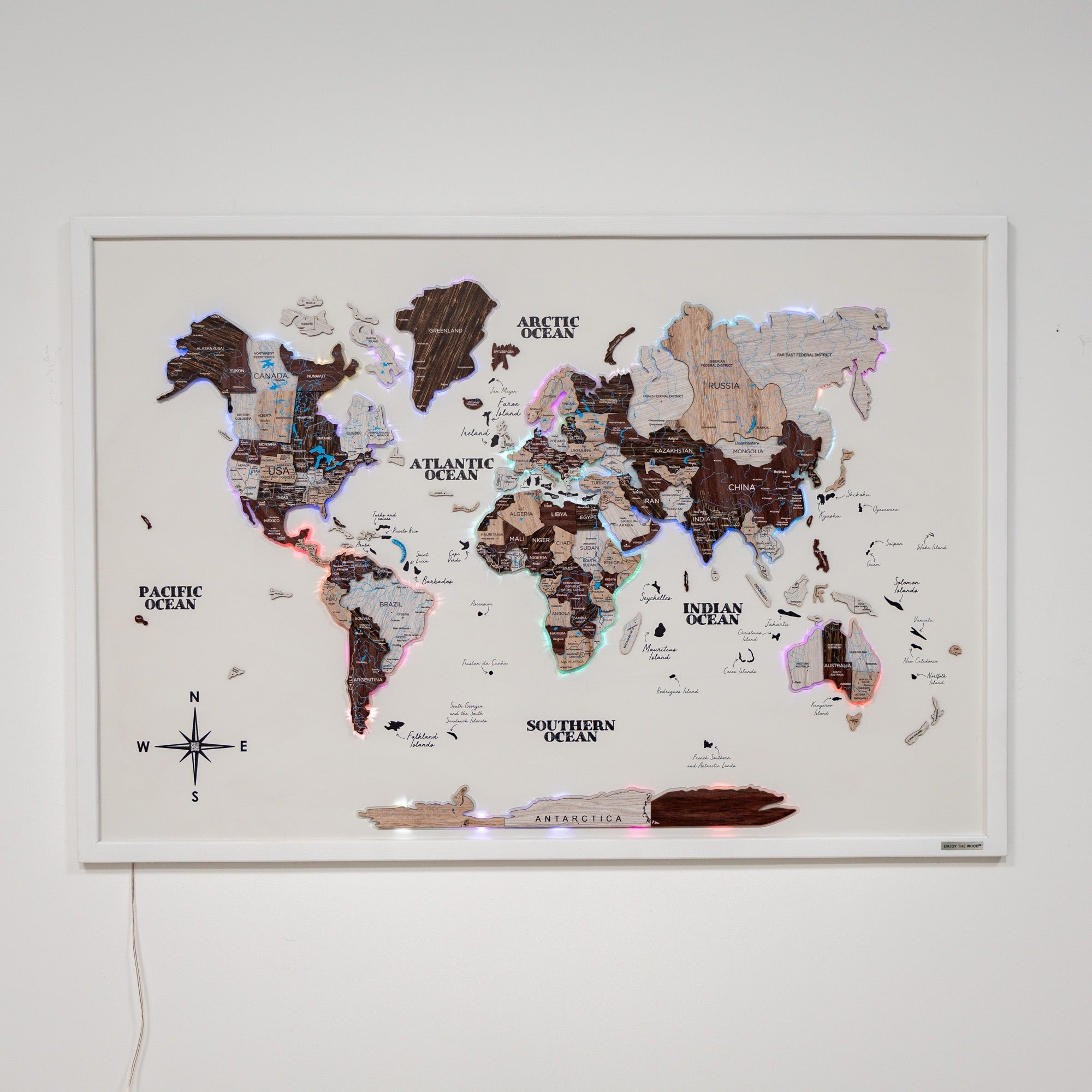 World map with pins on a light gray background