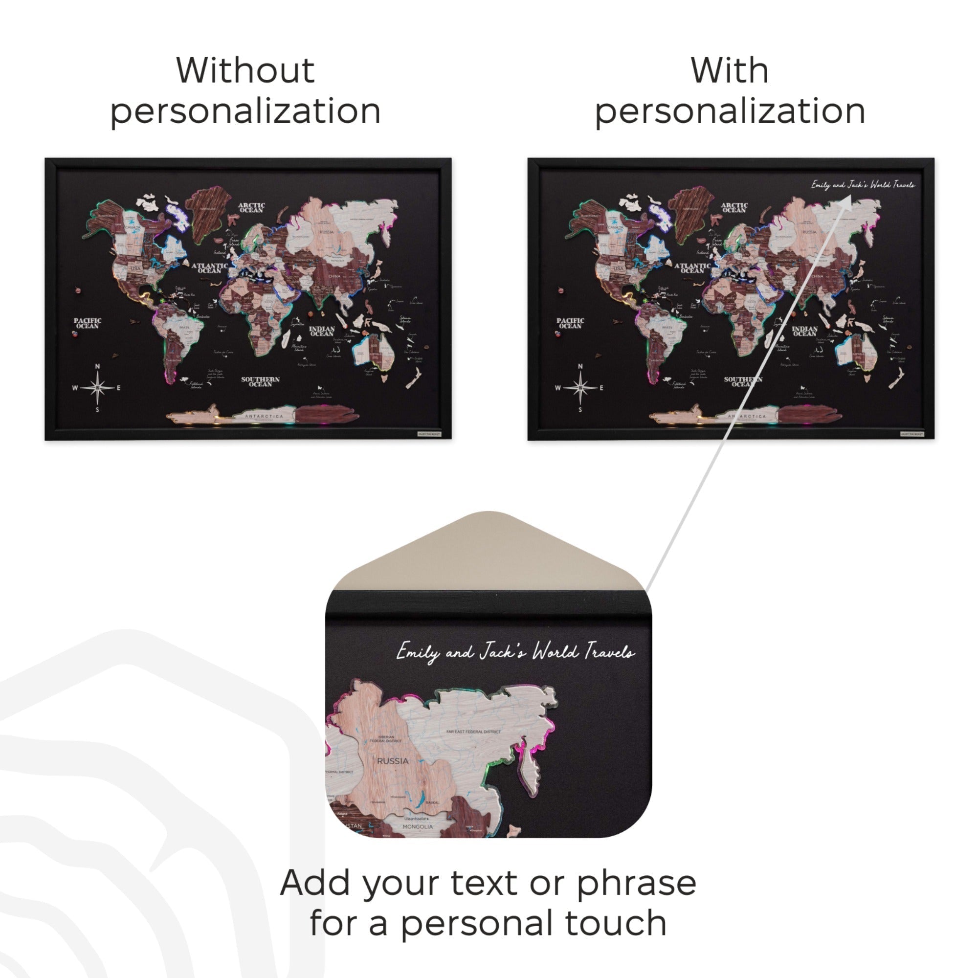 World map with and without personalization text, showing customization option.