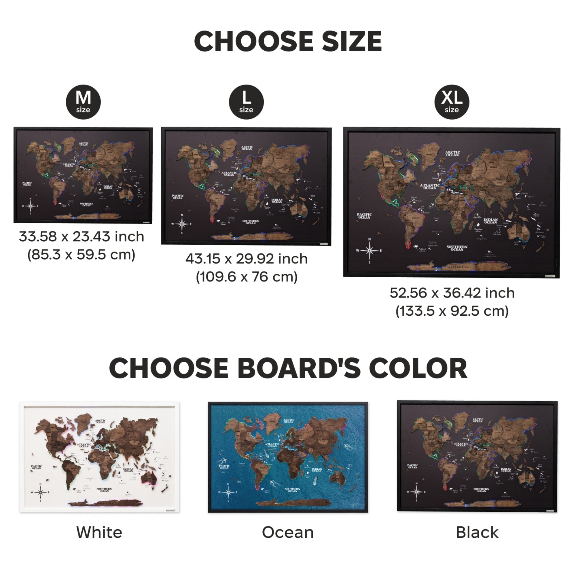 World map board with size and color options displayed.