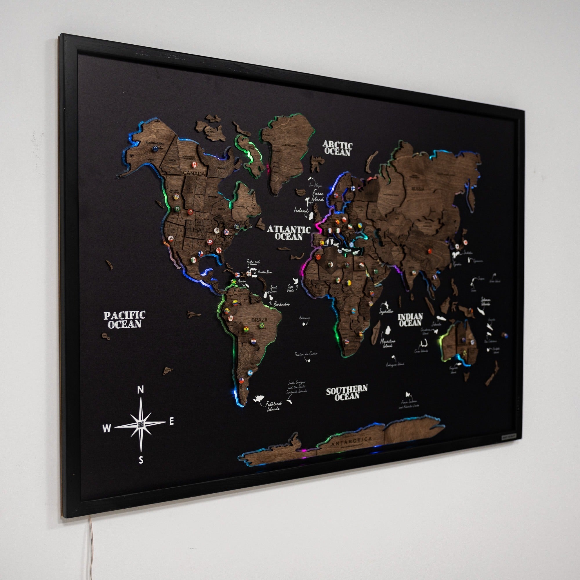 World map with glowing details on a black background