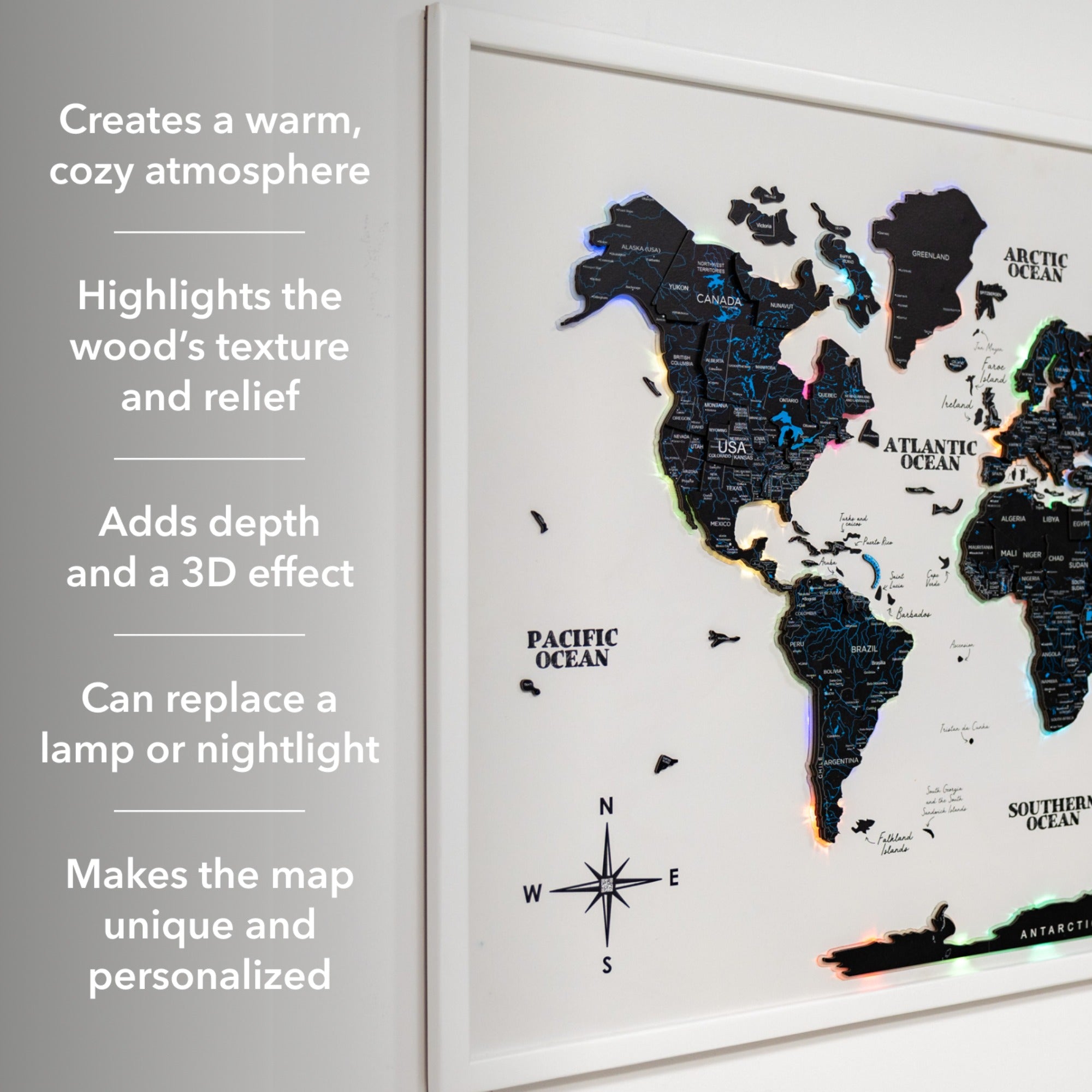 World map with LED lights on a white background